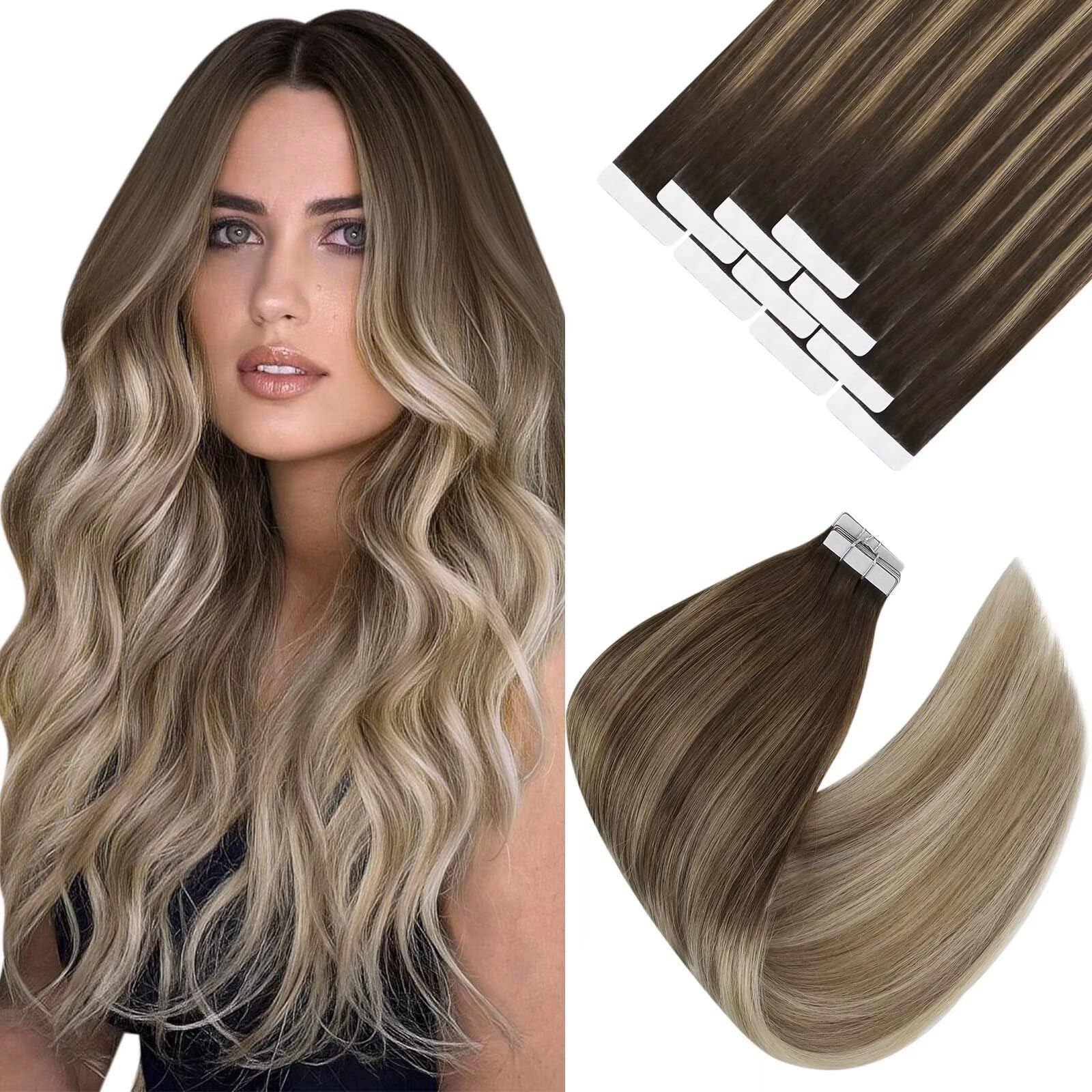 Ve Sunny 24Inch Tape In Ombre Hair Extensions Brown Ombre Invisible Tape In Hair Extensions Human Hair Dark Brown To Golden Blon