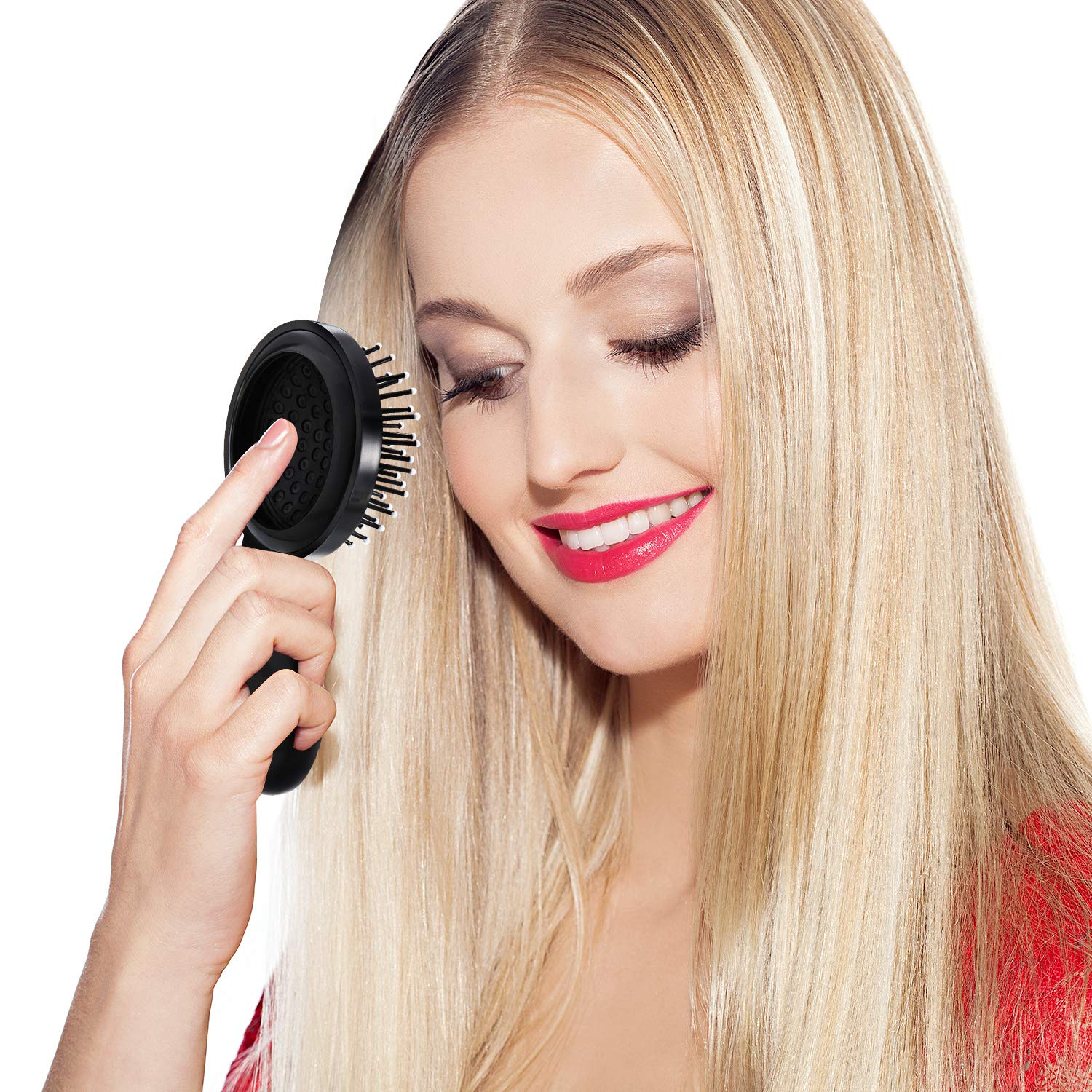 2 Pack Foldable Travel Mirror Hair Brushes Round Portable Folding Pocket Hair Brush Mini Hair Comb Compact Travel Size Hair Mass
