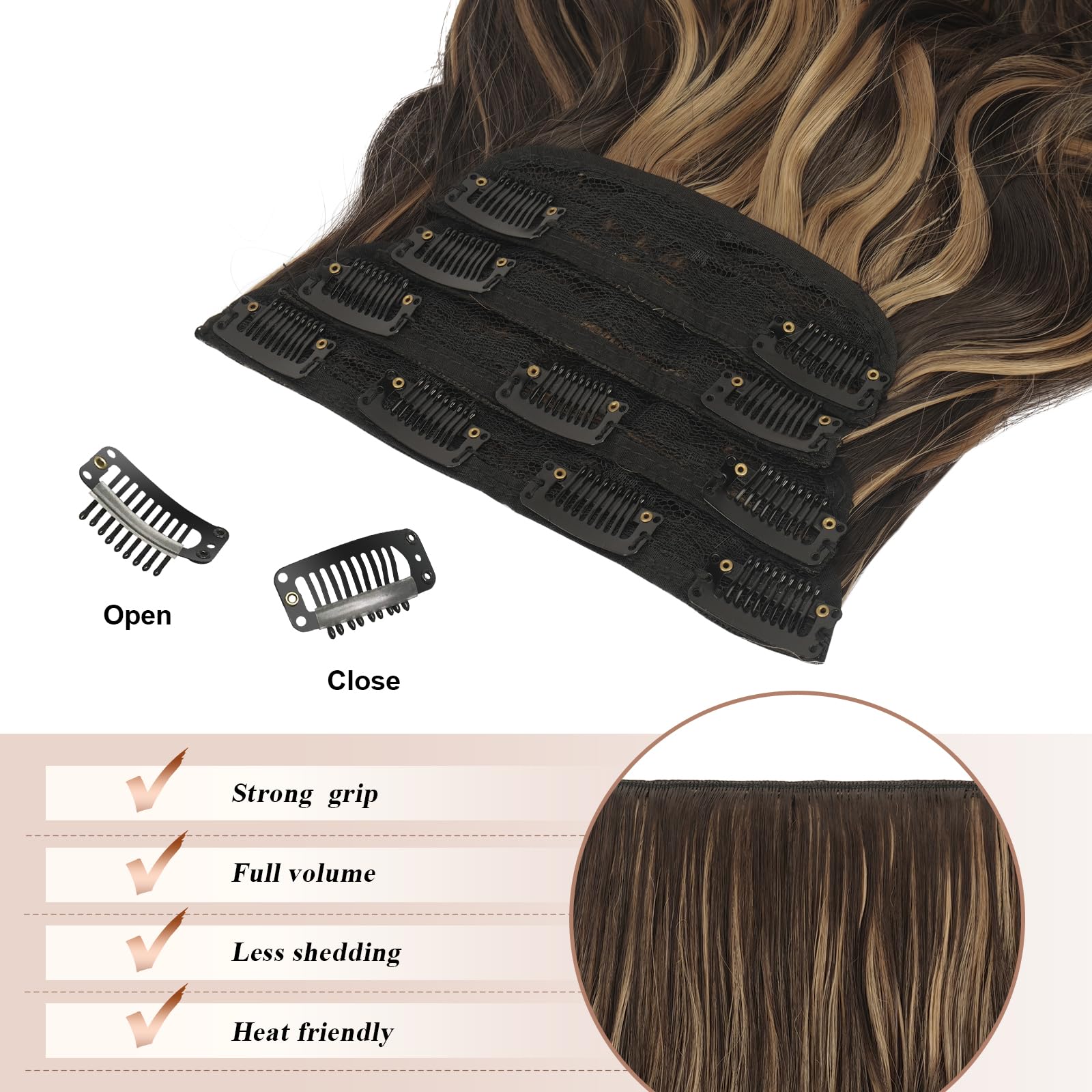 FESHFEN Clip in Hair Extensions - 4 PCS Long Wavy Clip in Hairpieces Full Head Synthetic Hair Extension for Women, 20 Inch Brown