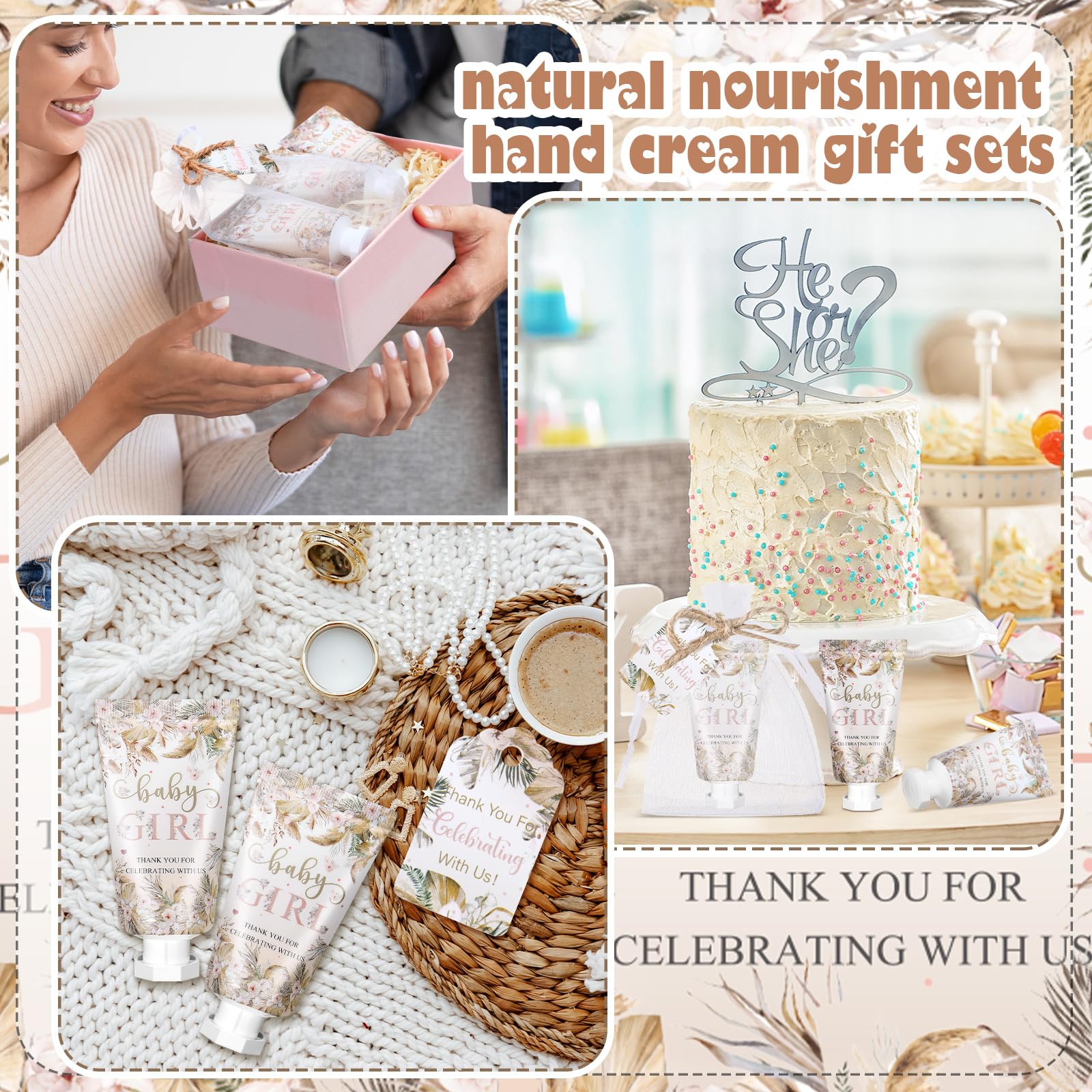Dansib 48 Sets Boho Baby Shower Hand Cream Gifts Baby Shower Party Favors for Guests Baby Girl Hand Cream Gift Bulk Travel Size