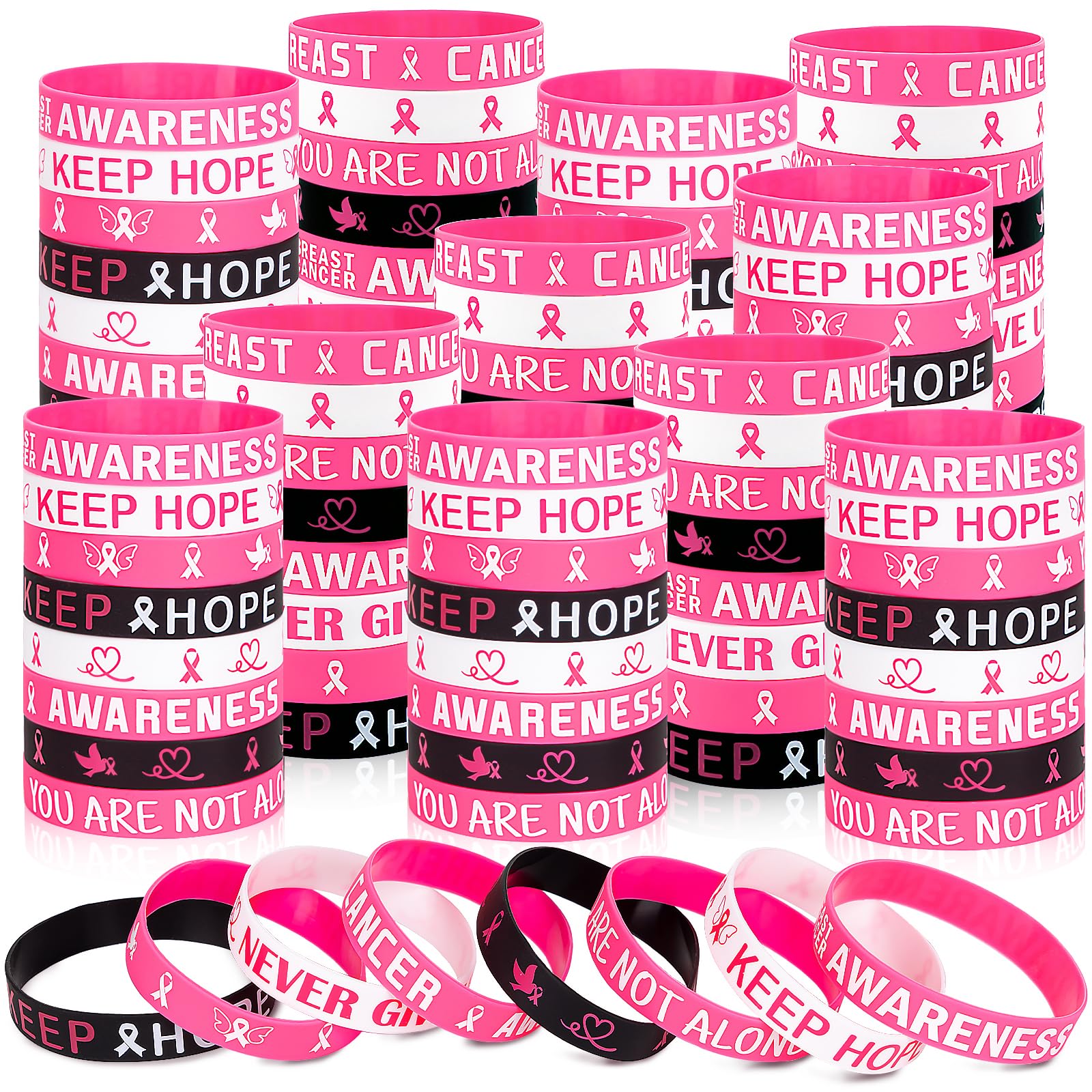 Moon Boat 144PCS Breast Cancer Awareness Bracelets Bulk - Pink Ribbons Hope Faith Strength Courage Stretch Wristbands for Women 