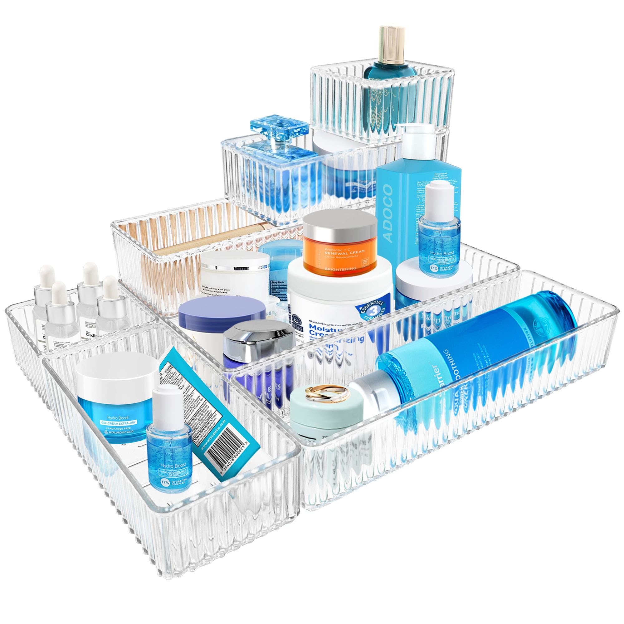 Adoco 7 PCS Clear Drawer Organizers Bins, 4-Size Stackable Makeup Vanity Drawer Organizer Trays, Acrylic Bathroom Drawer Organiz