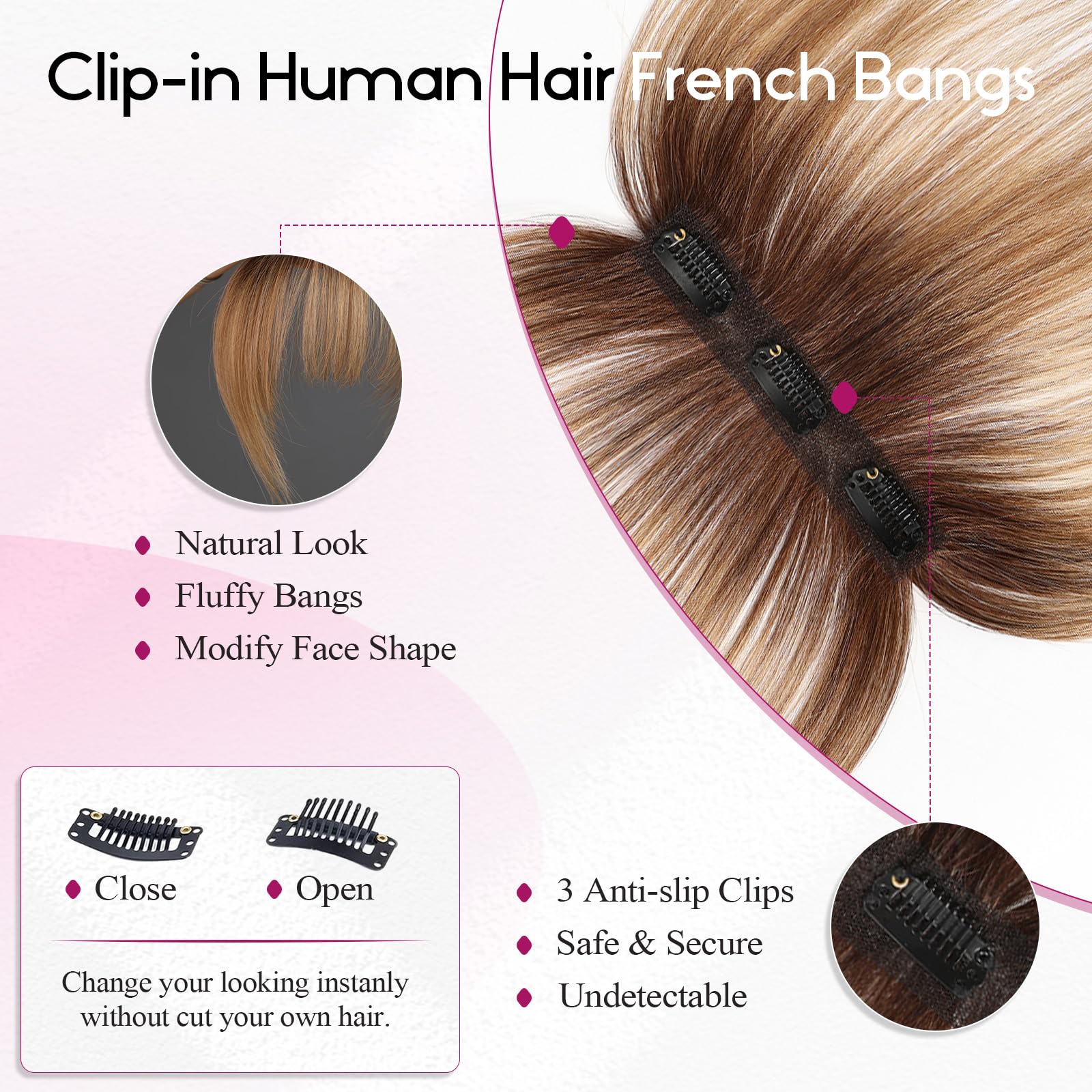 EMMOR Clip in Bangs - 100% Human Hair, 3D Wispy Bangs, Ombre Ash Blonde, Model ALH005-8, Non-slip Clips for Women's Facial Enhancement
