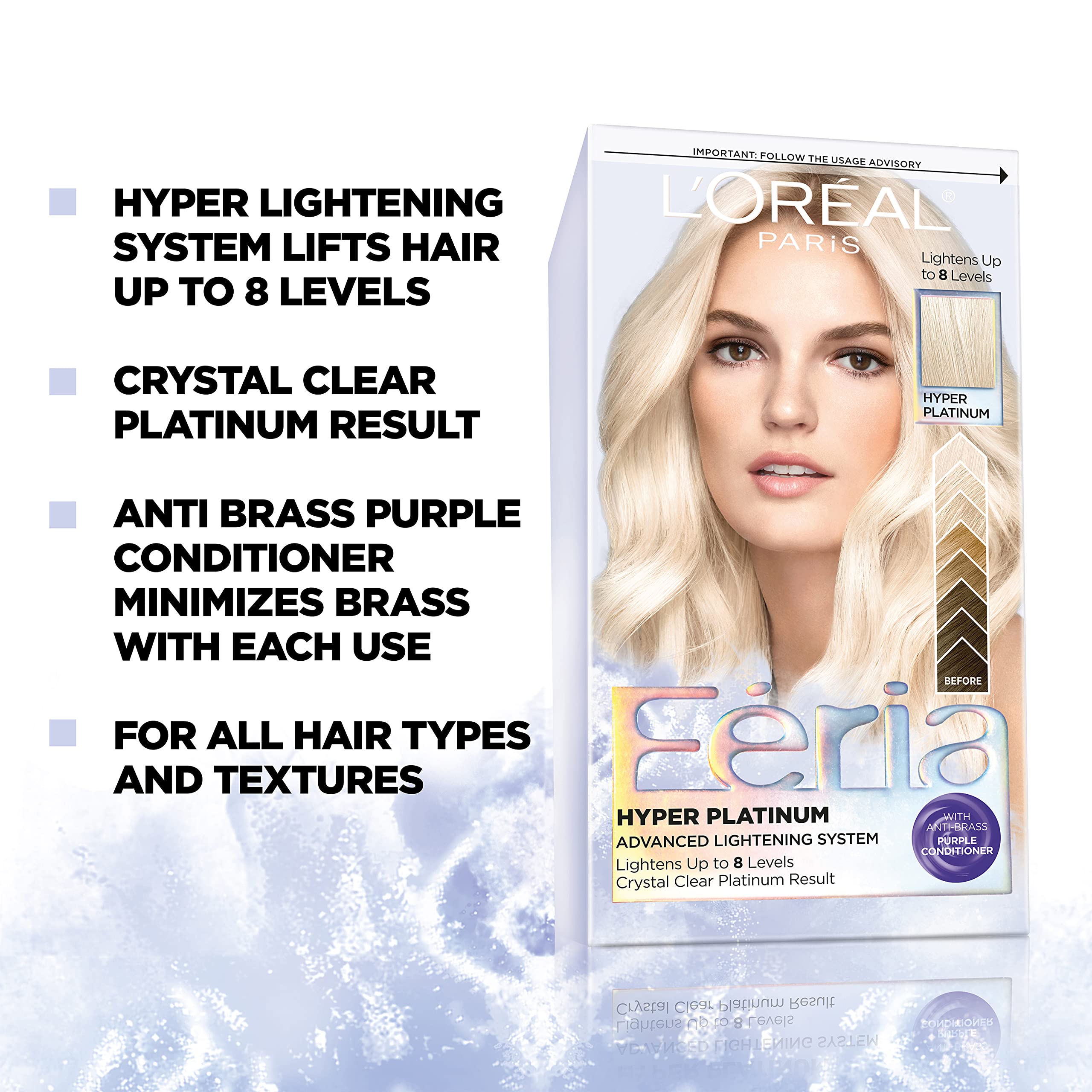 LOreal Paris Feria Hyper Platinum Hair Bleach, Lifts Up To 8 Levels, Includes Anti Brass Purple Conditioner, Hyper Platinum Blon