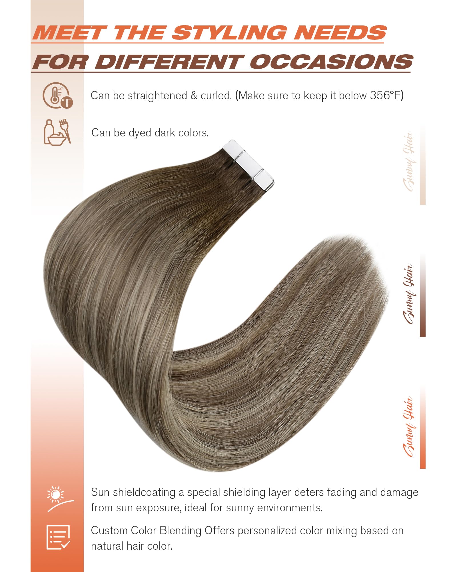Sunny Hair Tape in Hair Extensions Real Human Hair Invisible Remy Hair Extensions Tape ins for Women Cool Brown to Light Brown H