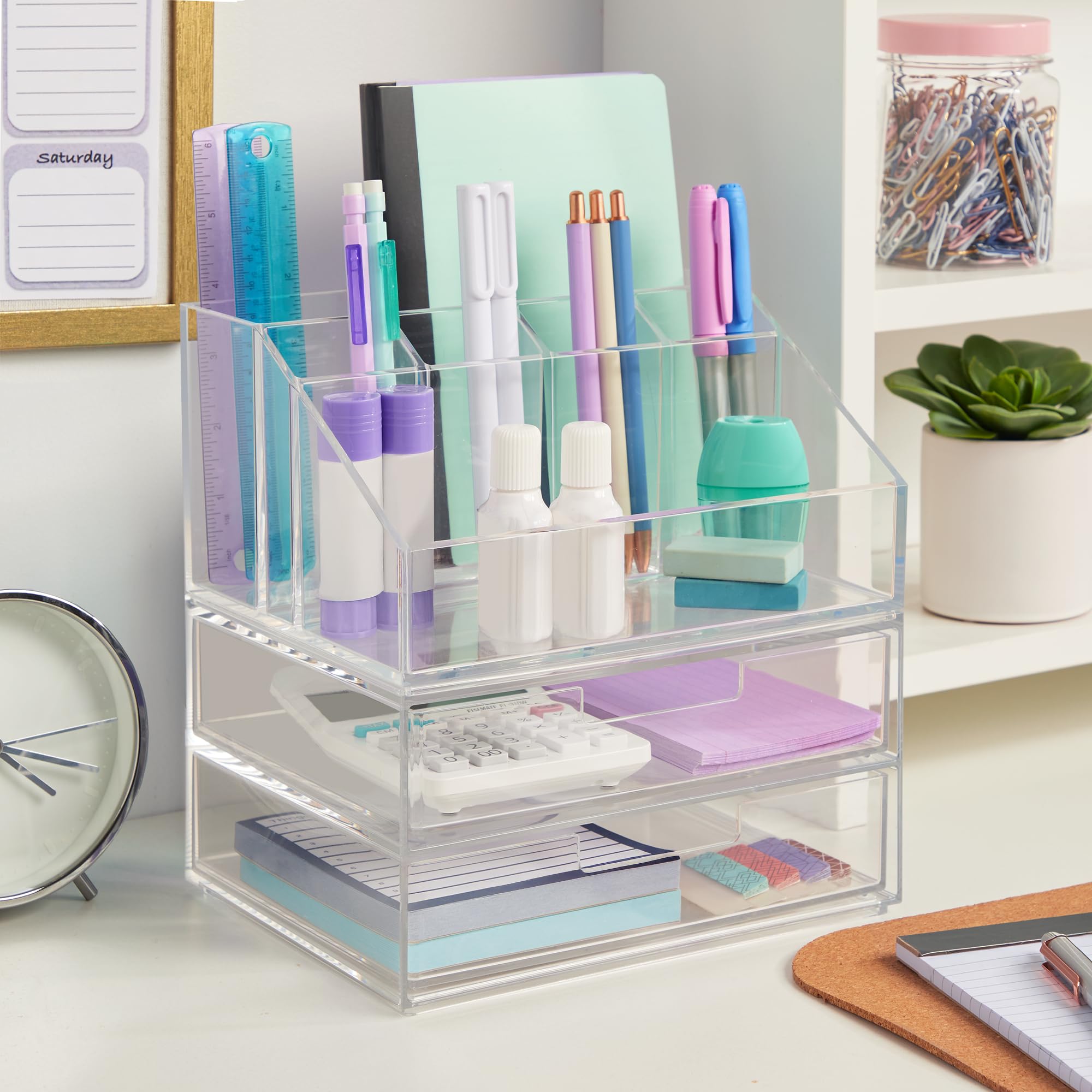 Stori Chloe Stackable Clear Makeup Holder And Double Organizer Drawer Set  Organize Cosmetics And Beauty Supplies  Made In Usa