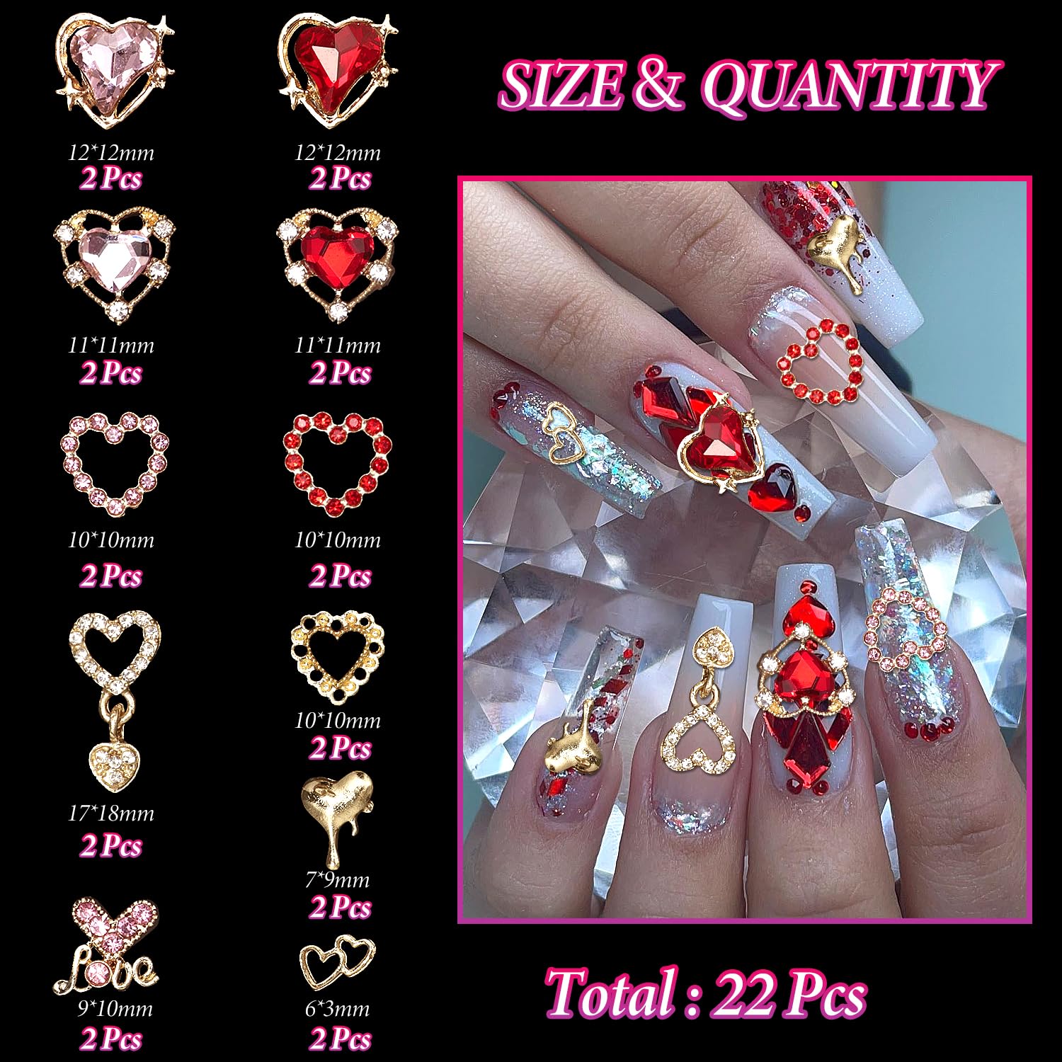 220 Pcs Valentines Heart Nail Charms, Heart Nail Rhinestone And Charms, Pink Red Heart Bows Nail Charm, Y2K Nail Charms Gems, Na