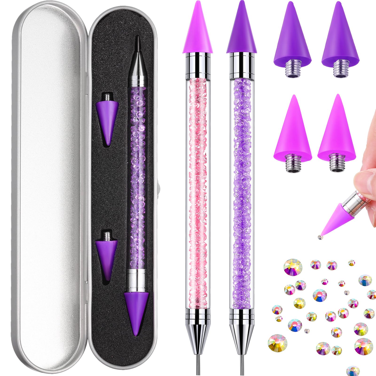 Tatuo 2 Pcs Nail Rhinestone Picker Tool Dual Ended Wax Pen Gem Picker Tool Dotting Pen for Nail Art DIY Rhinestones Dotting Gems