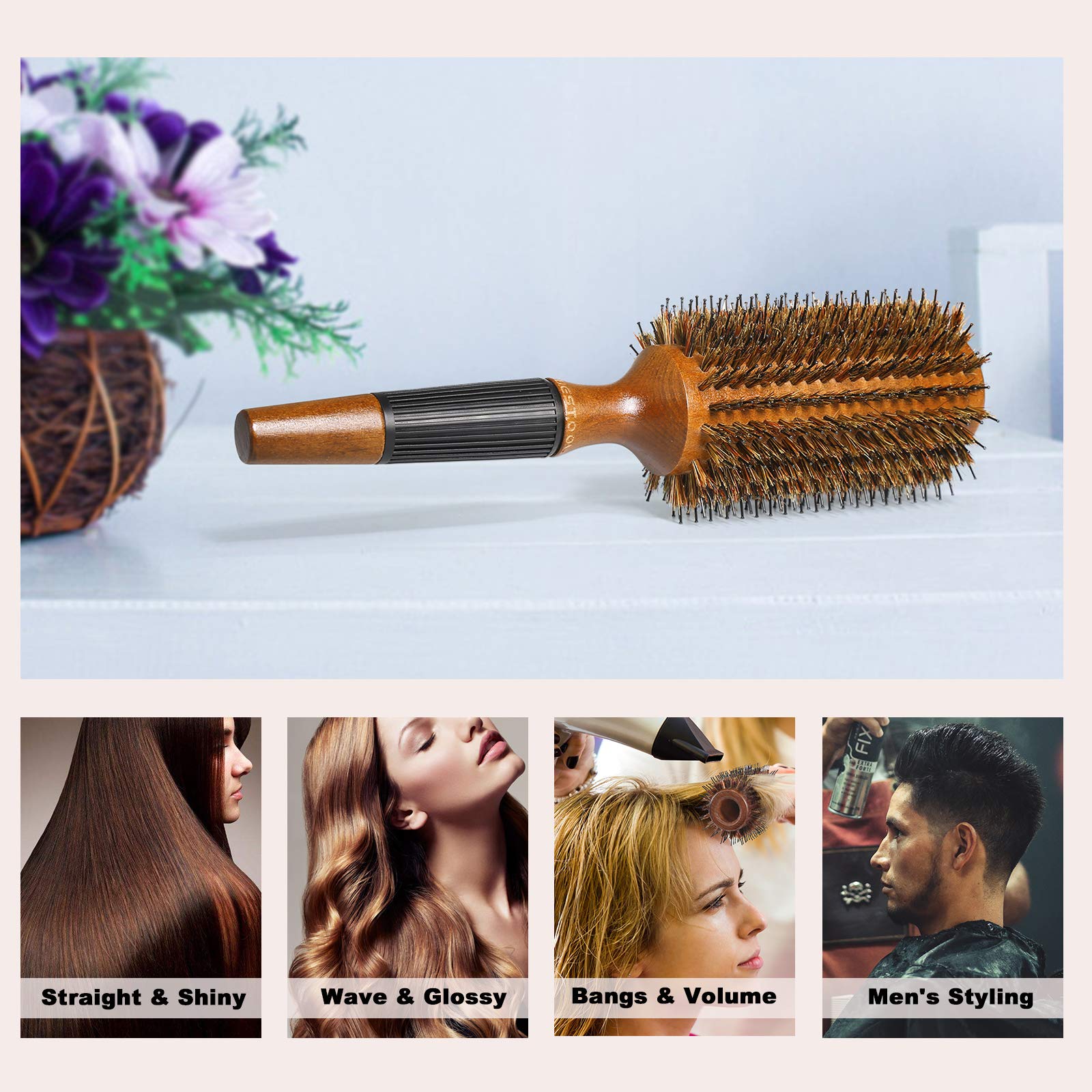BESTOOL Round Brush for Blow Drying, Round Hair Brush for Women or Men, Boar Bristle Large Round Hairbrush for Quick Blowout, Ad