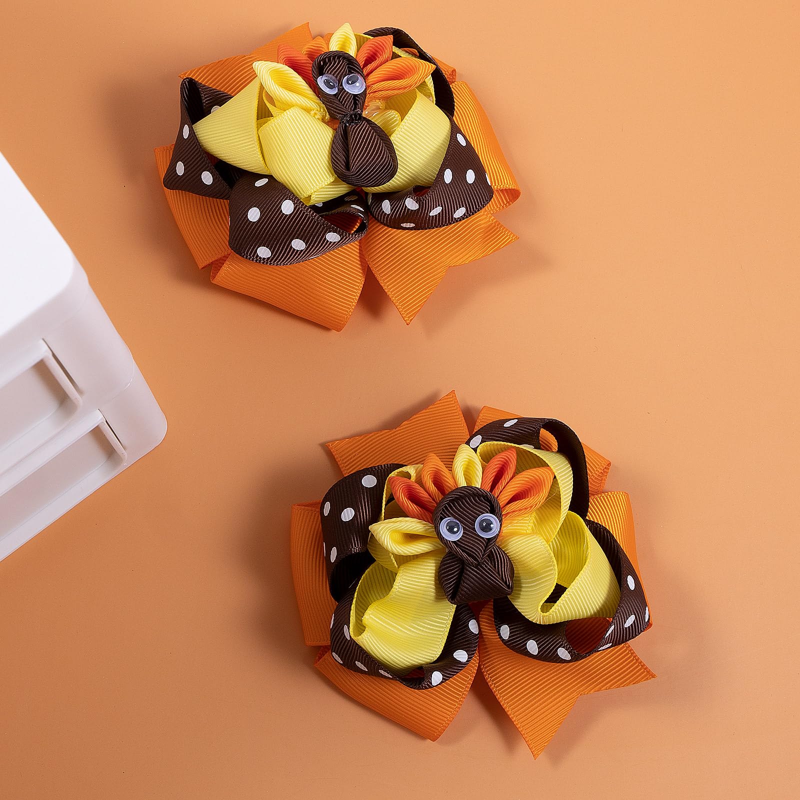 2Pcs Turkey Hair Bows Clip 4'' Cute Fall Thanksgiving Day Outfit Decor Accessories Ribbon Alligator Hairpins Cheer Barrette Todd