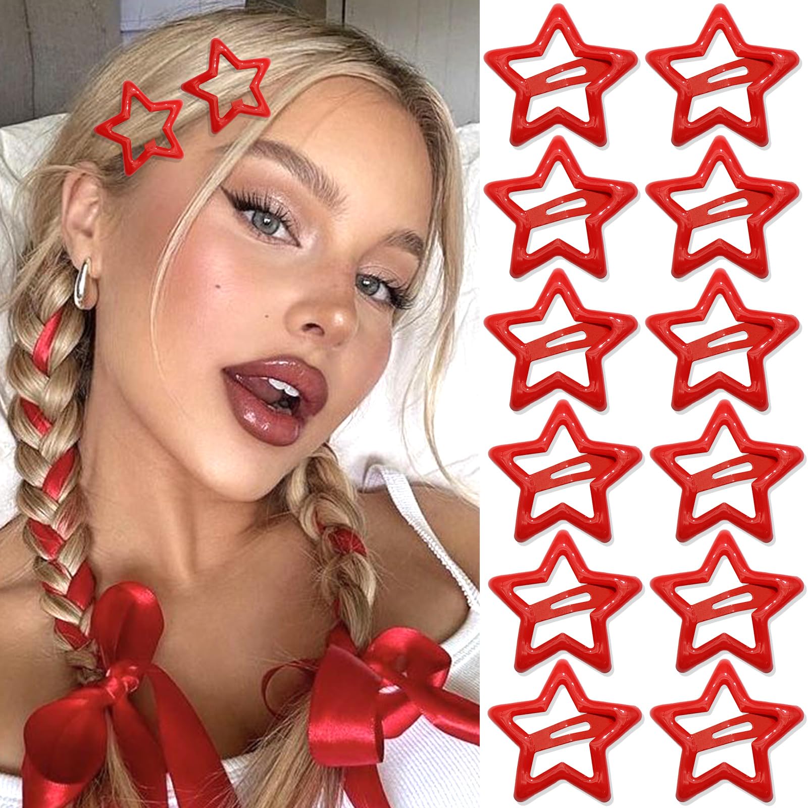 NAISKA 12PCS Red Star Hair Clips Metal Non-Slip Snap Hair Clips and Barrettes Y2K Halloween Party Star Hair Accessories for Wome