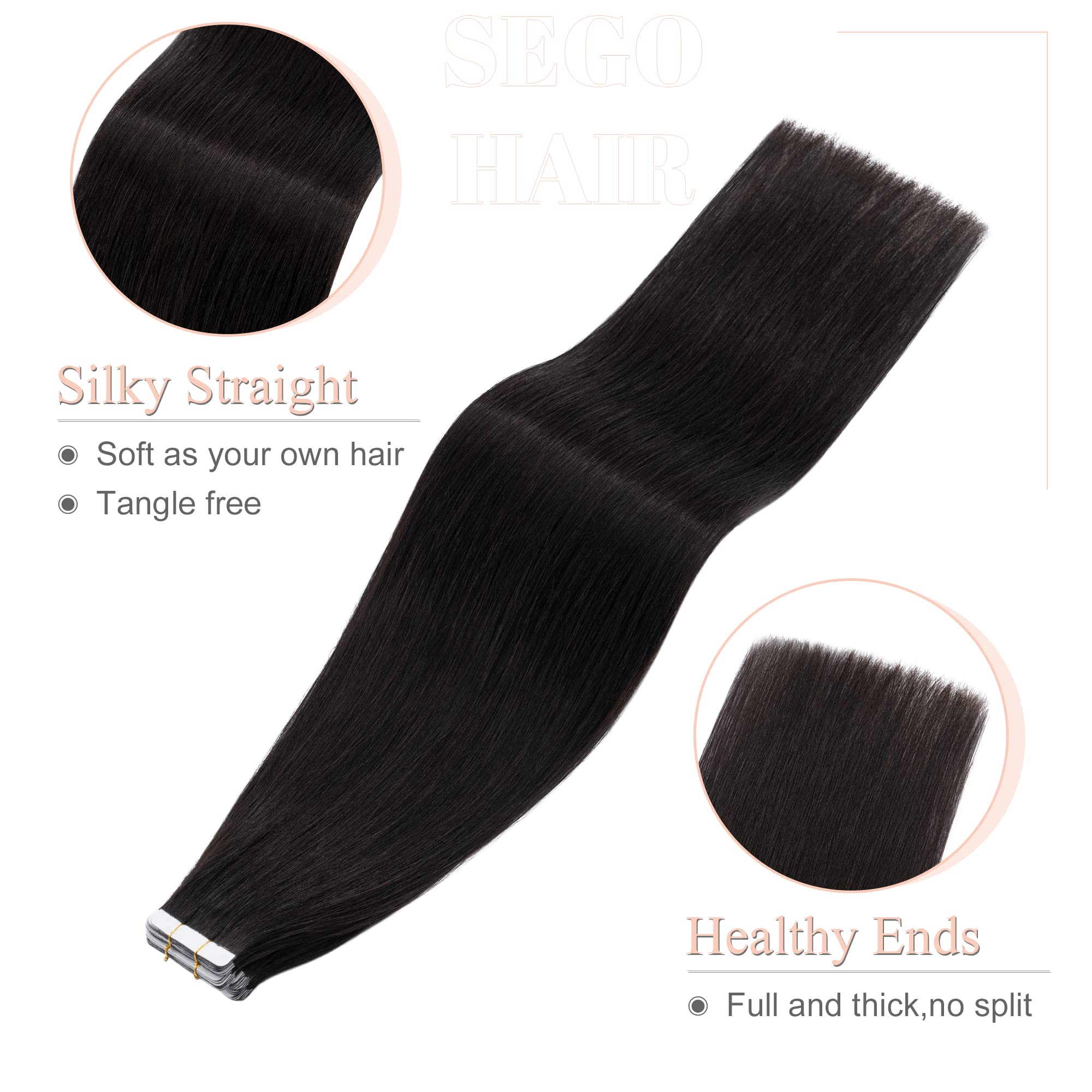 Sego Tape In Hair Extensions Human Hair 22 Inch Natural Black 20Pcs 50G Straight Natural 100% Remy Rooted Seamless Skin Weft Inv