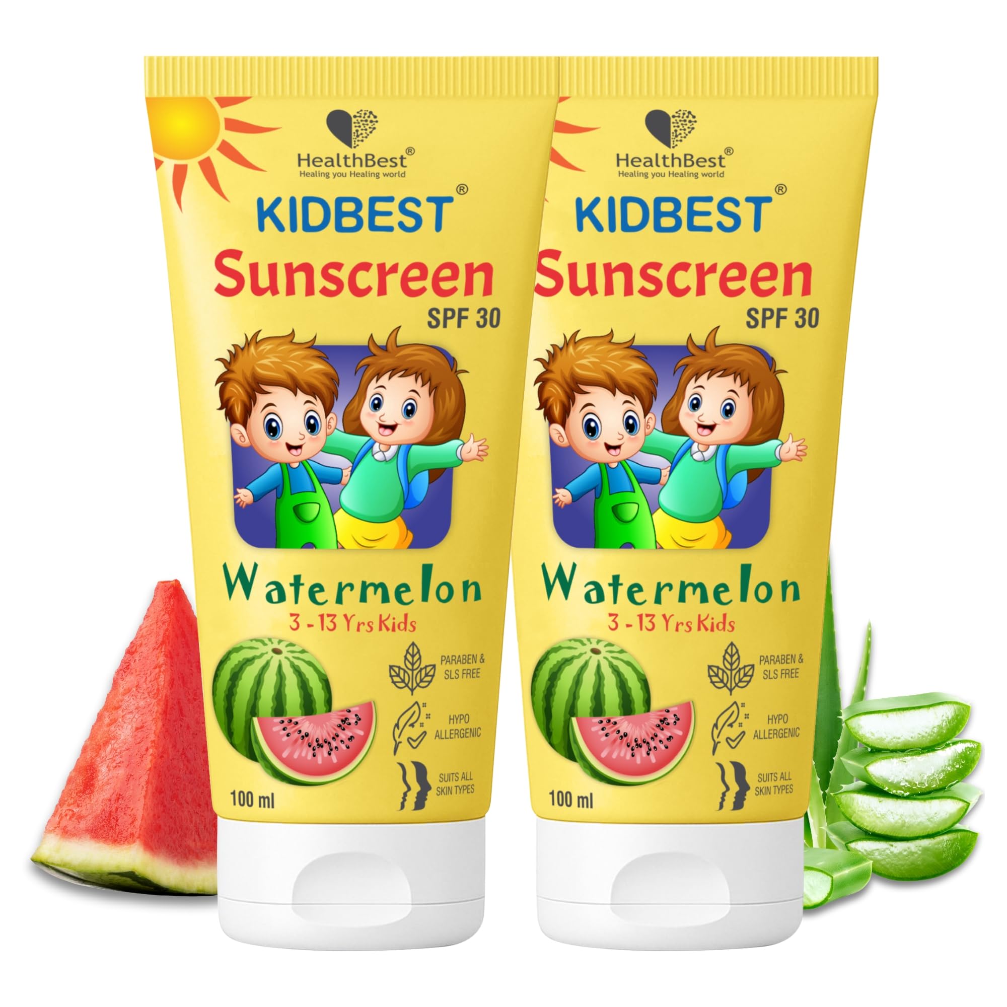 Healthbest Kids Watermelon Cooling Sunscreen Spf 30 Pa+++ 100Ml (Pack Of 2) With Aloe Vera & Vitamin E For Face & Body, Uva/Uvb