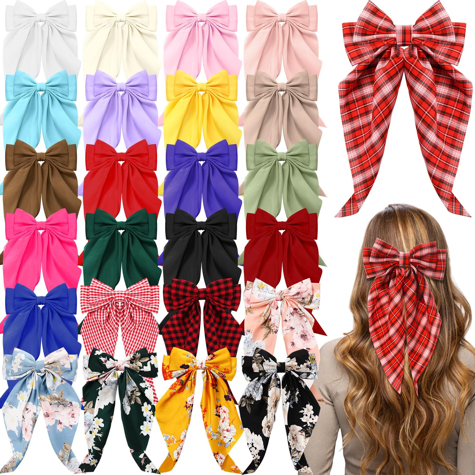 Mimorou 25 Pcs Satin Hair Bows Bulk Silky Big Hair Bows for Women Big Bow Hair Clips Large Hair Ribbons Oversized Long Tail Larg