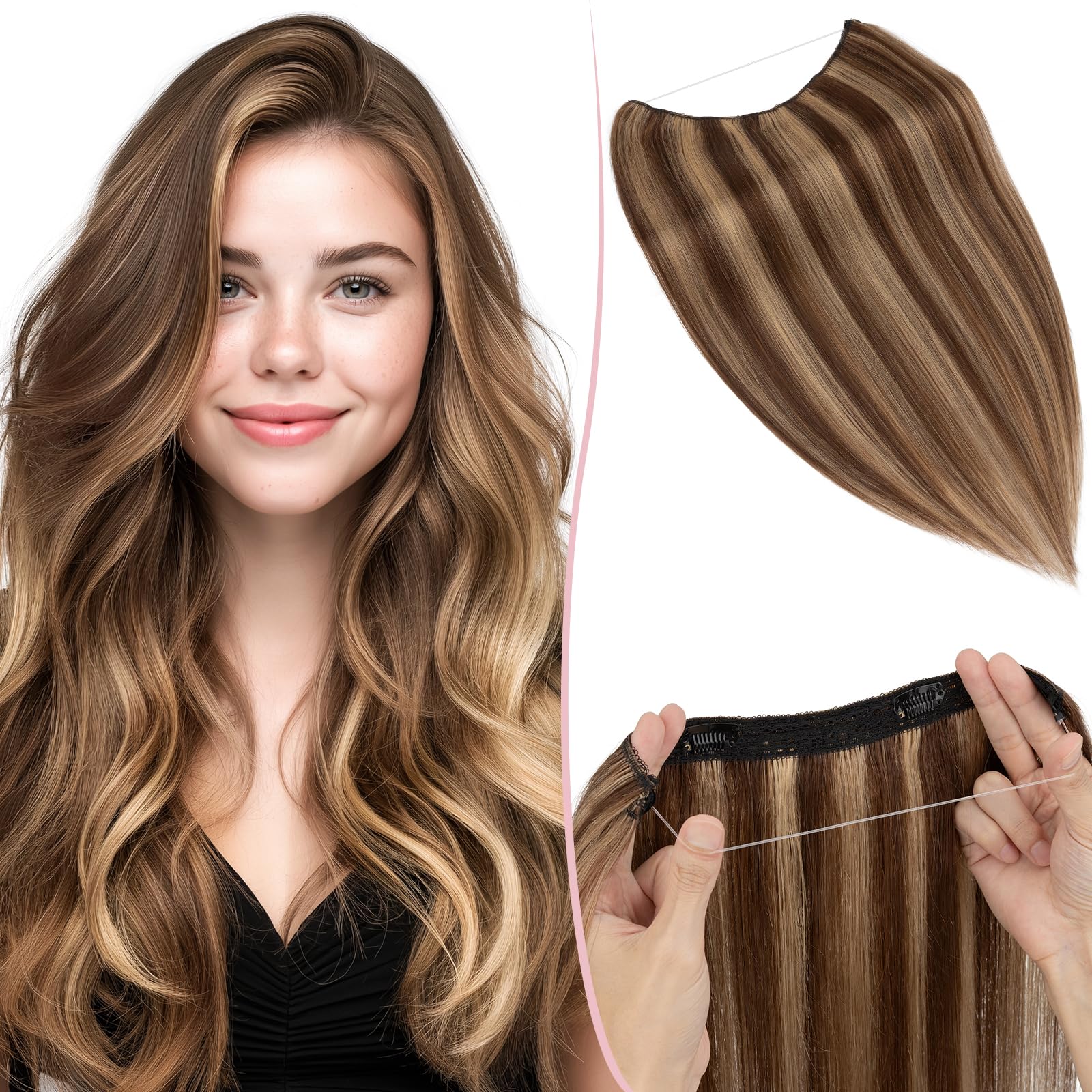 SEGO Halo Hair Extensions Real Human Hair Remy Straight Invisible Wire Hair Extensions for Women Transparent Fish Line Adjustabl