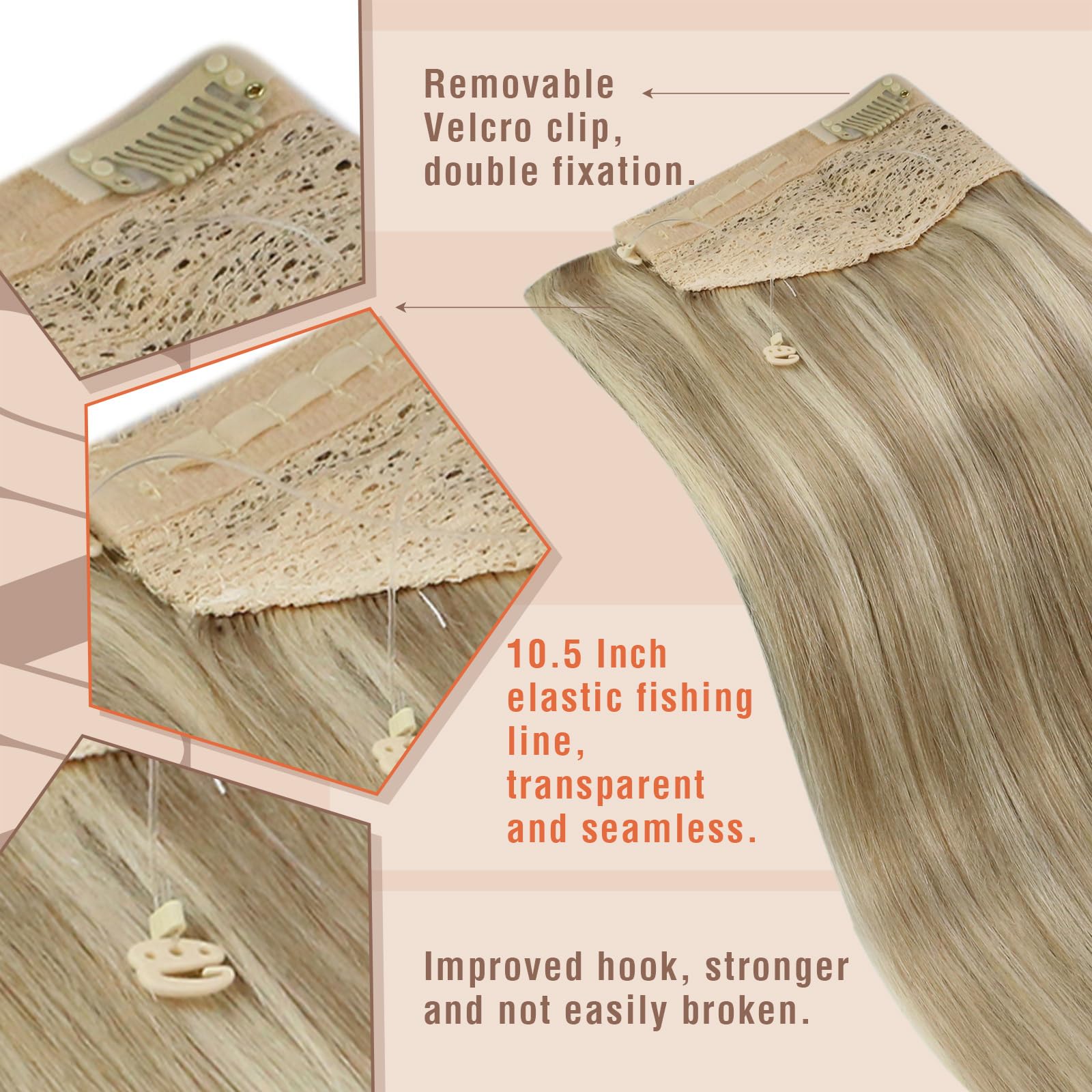 Sunny Wire Hair Extensions Real Human Hair Fish Line Human Hair Extensions Invisible Wire Extensions Golden Blonde with Medium B
