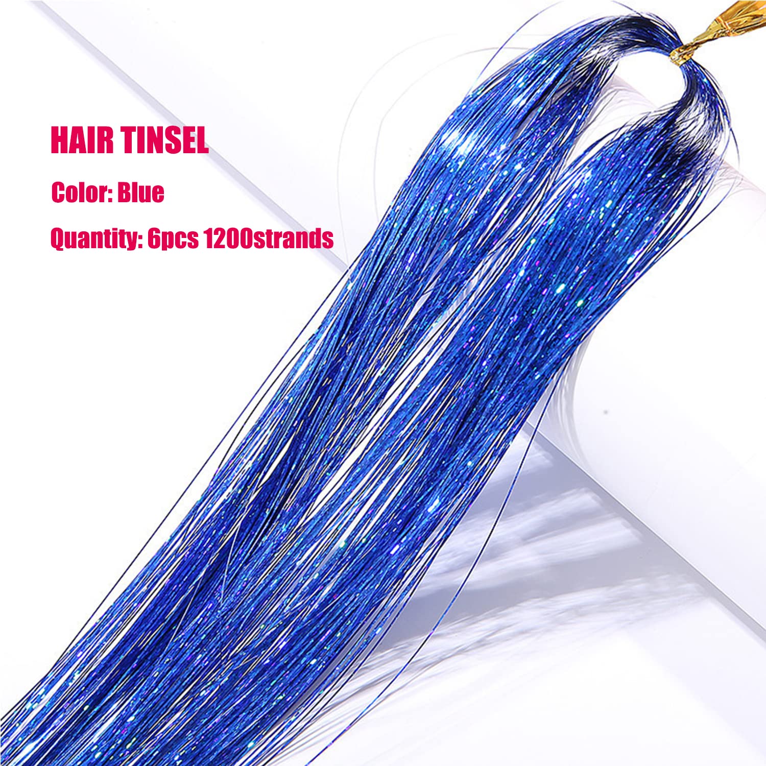 Blue Hair Tinsel Kit With Tool 6Pcs 1200 Strands Glitter Tinsel Hair Extensions Heat Resistant Sparkling Shiny Fairy Hair Access
