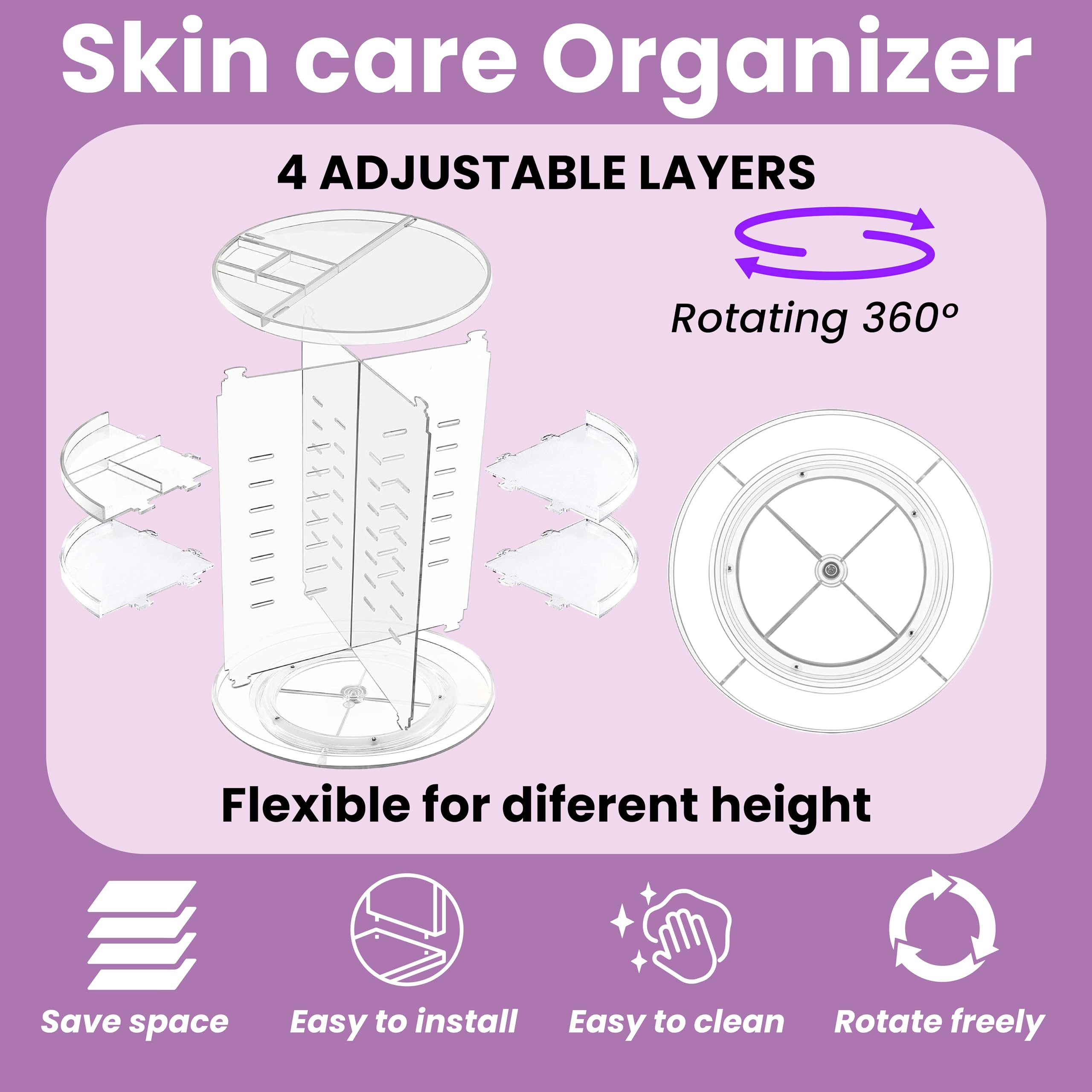 Gggi Solution - 360 Rotating Makeup Organizer Clear Acrylic Skincare And Makeup Organizer Shelf, Adaptable, Cosmetic Storage And