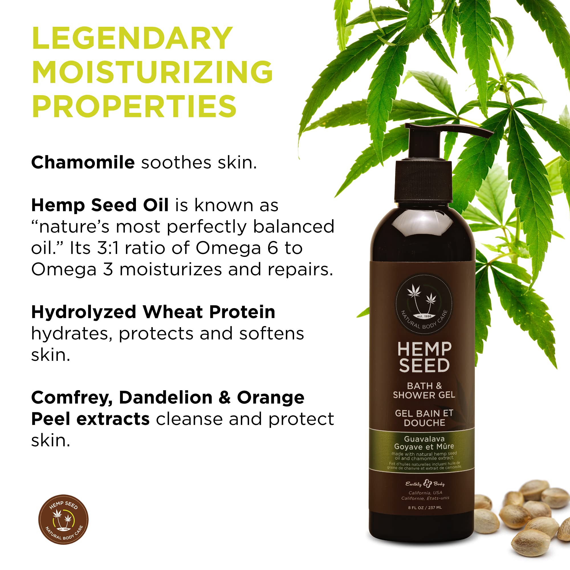 Earthly Body Hemp Seed Bath & Shower Gel, Guavalava Scent - 8 Oz - Moisturizing Formula With Hemp Seed Oil, Chamomile & Hydrolyz