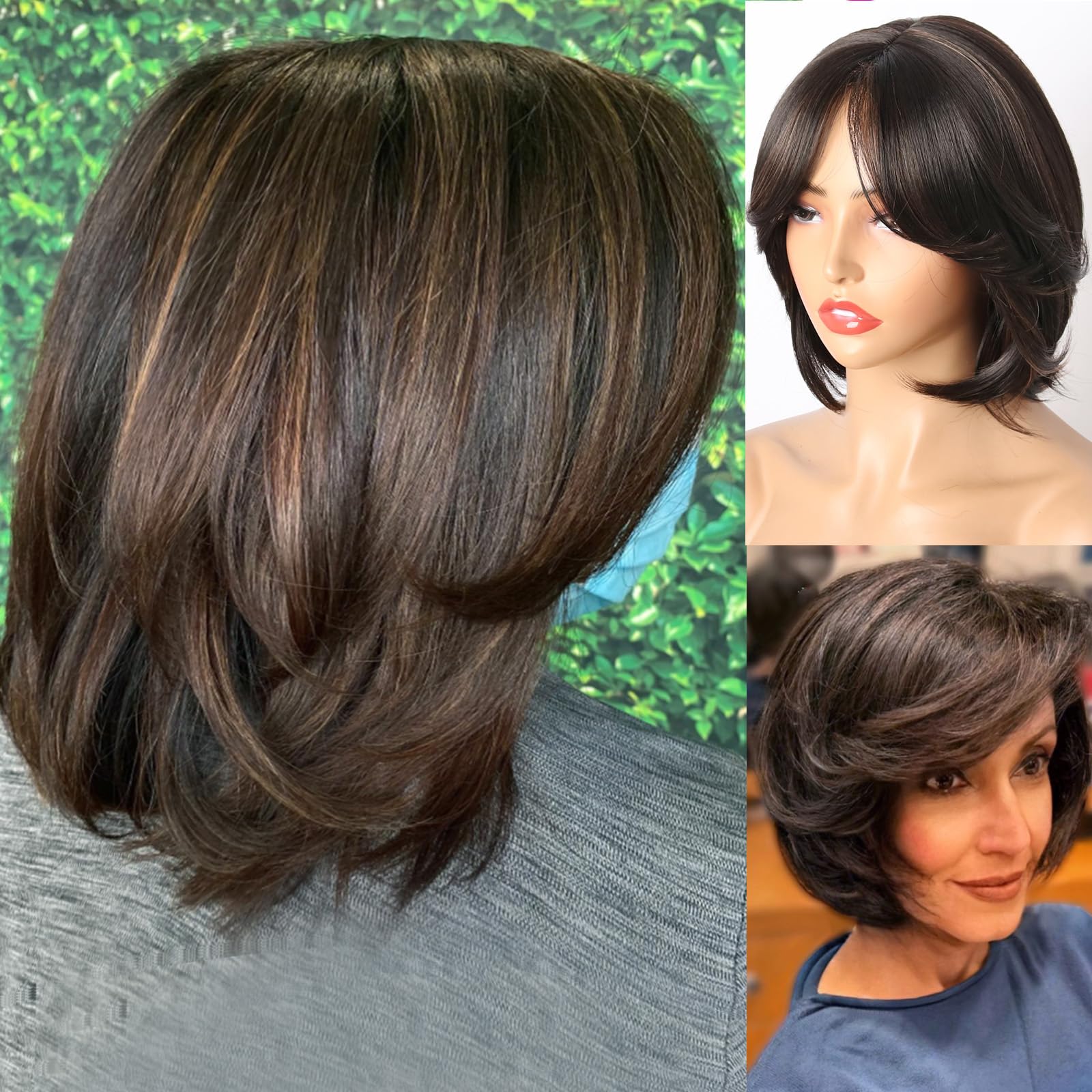 Oseti Dark Brown Wig Highlight Brown Wig with Curtain Bangs for Women Synthetic Short Hair Wig Short Brown Layered Wig Curly Bob