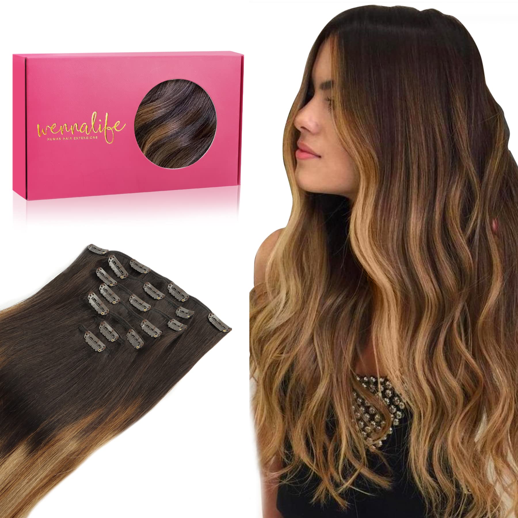 Wennalife Clip In Human Hair Extensions, 16 Inch 120G 7Pcs Dark Brown To Chestnut Brown And Dirty Blonde Highlighted Clip In Hum