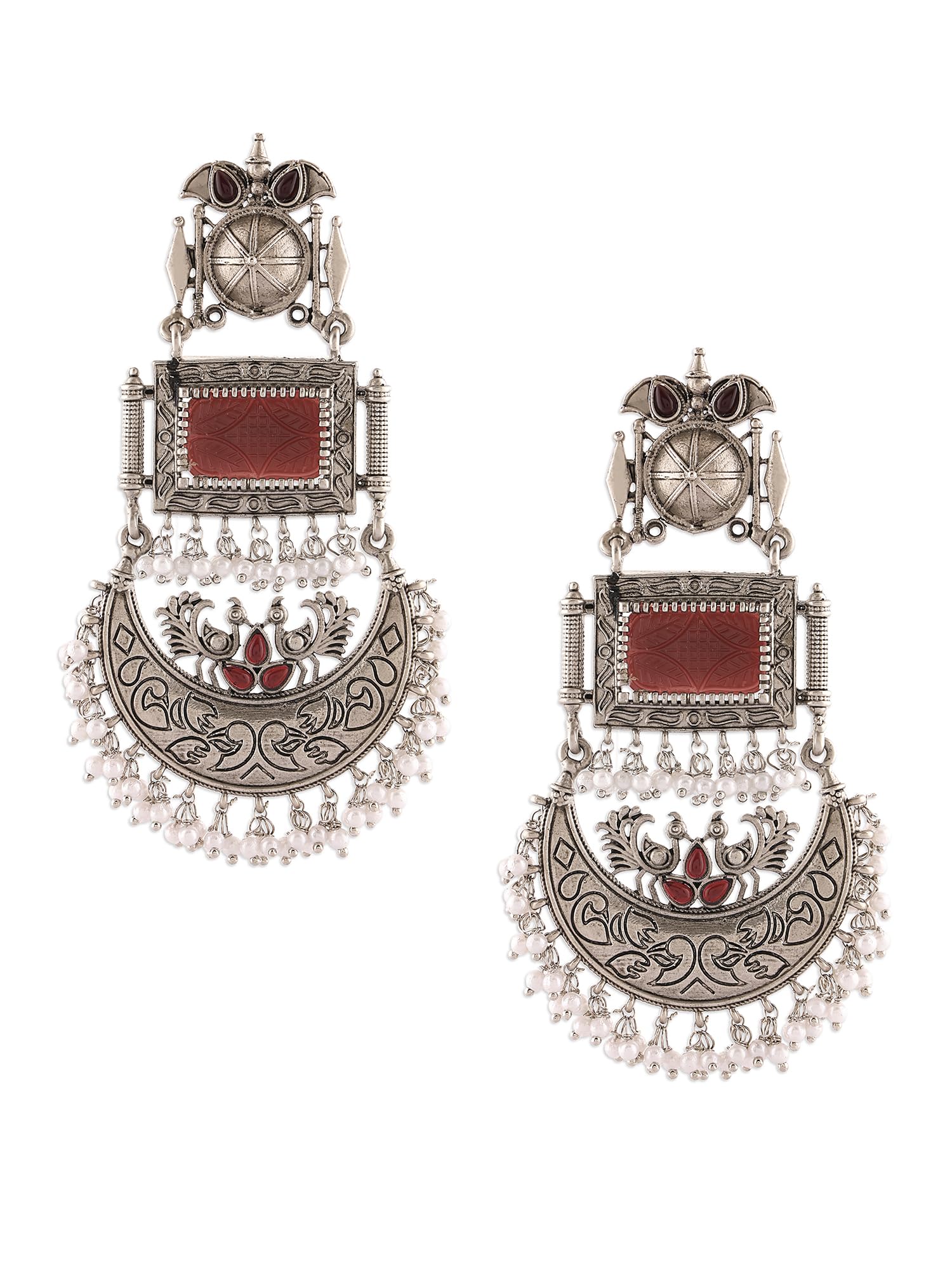 Zaveri Pearls Maroon Silver Oxidised Stones & Beads Traditional Dangle Earring For WomenZpfk16701