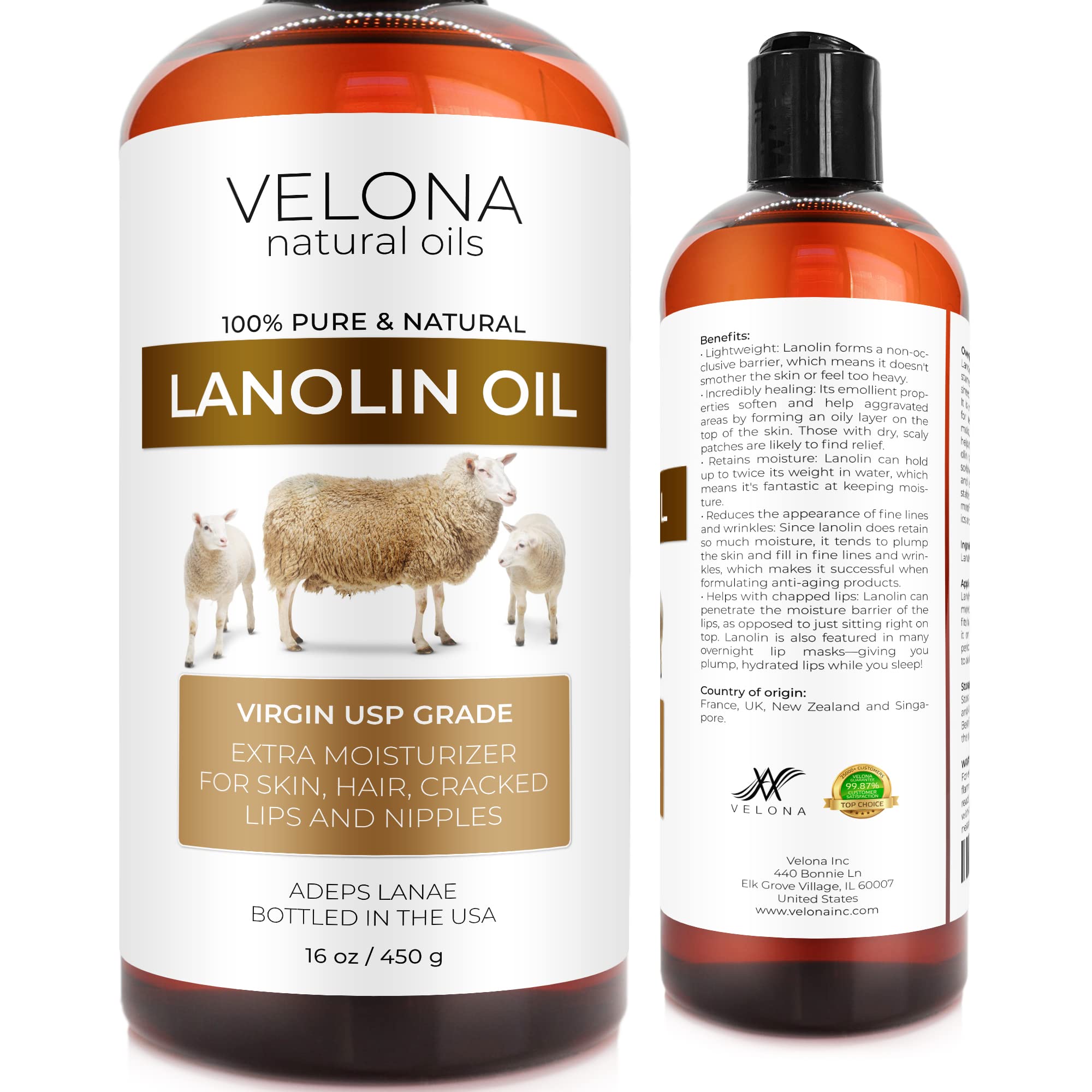 velona Lanolin Oil USP Grade 16 oz | 100% Pure and Natural Carrier Oil | Refined, Cold pressed | Skin, Hair, Body & Face Moistur