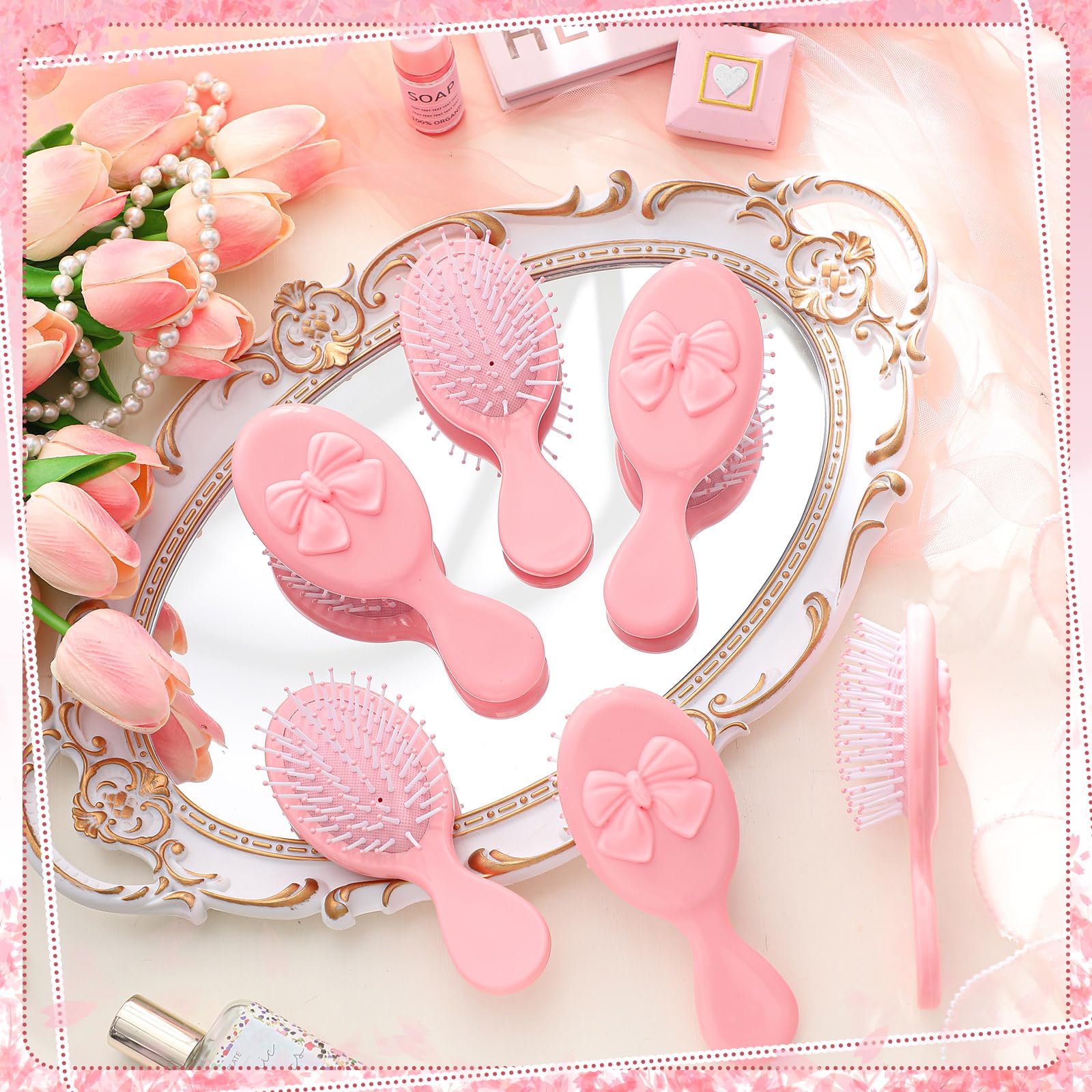 Meanplan 6 Pcs Mini Hair Brush Bulk with Bow Travel Detangling Brush Pink Coquette Small Hairbrush for Dry and Wet Hair Women Gi
