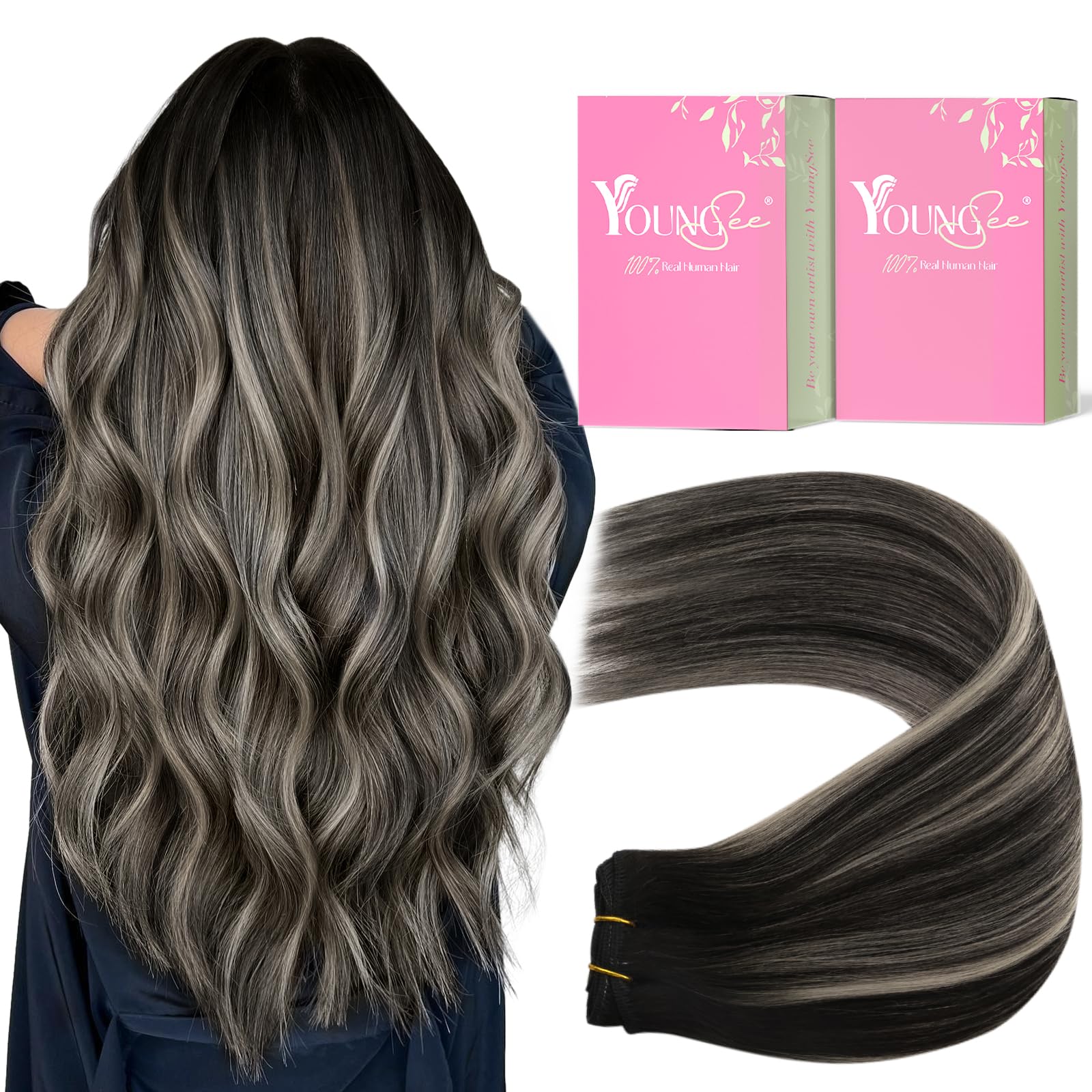 YoungSee 100G Weft Hair Extensions Human Hair Ombre Black Sew in Real Hair Extensions Blend of Black and Silver with Black Roots