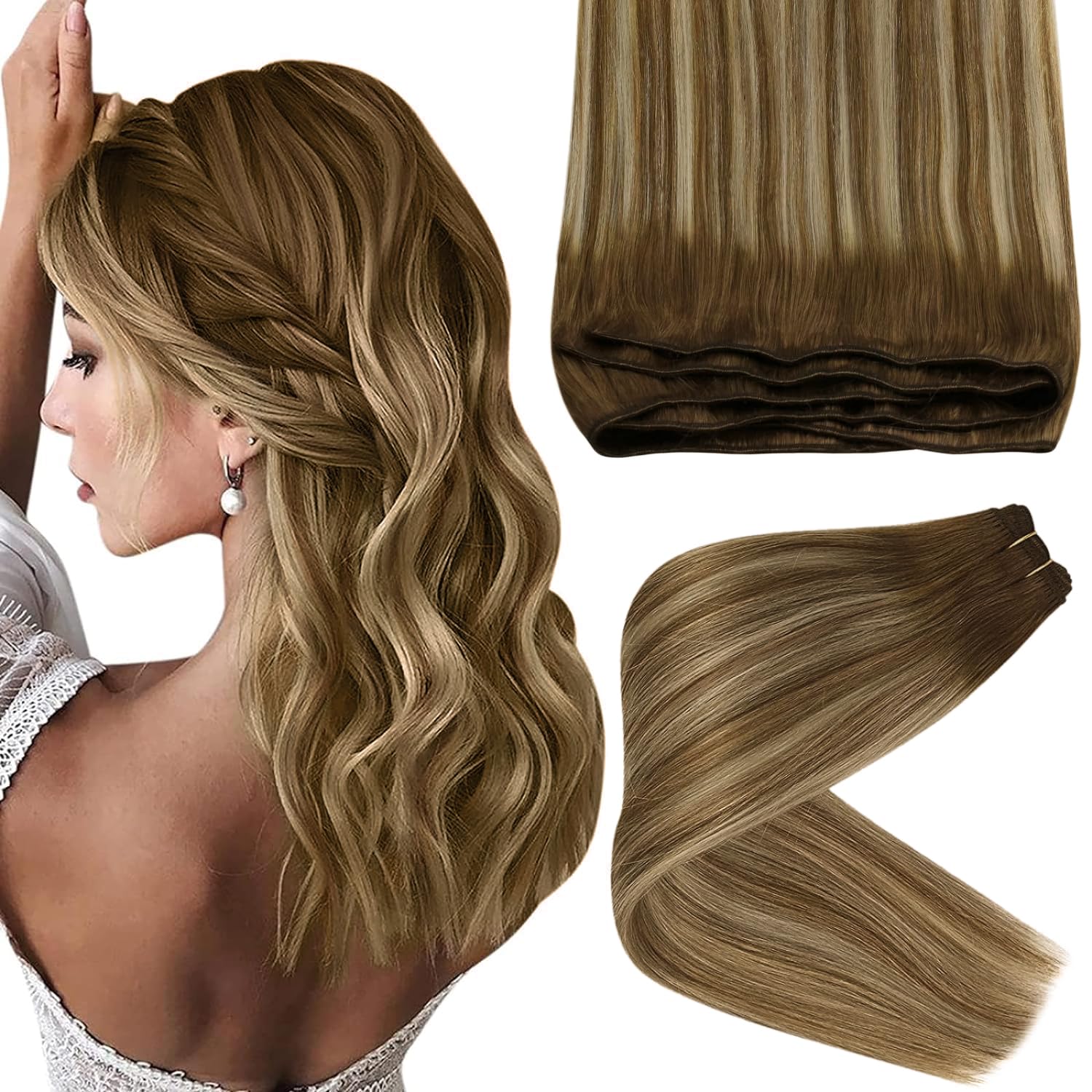Sunny 24inch Sew in Hair Extensions Real Human Hair Brown Balayage Weft Human Hair Extensions Brown Blonde Human Hair Sew in Ext