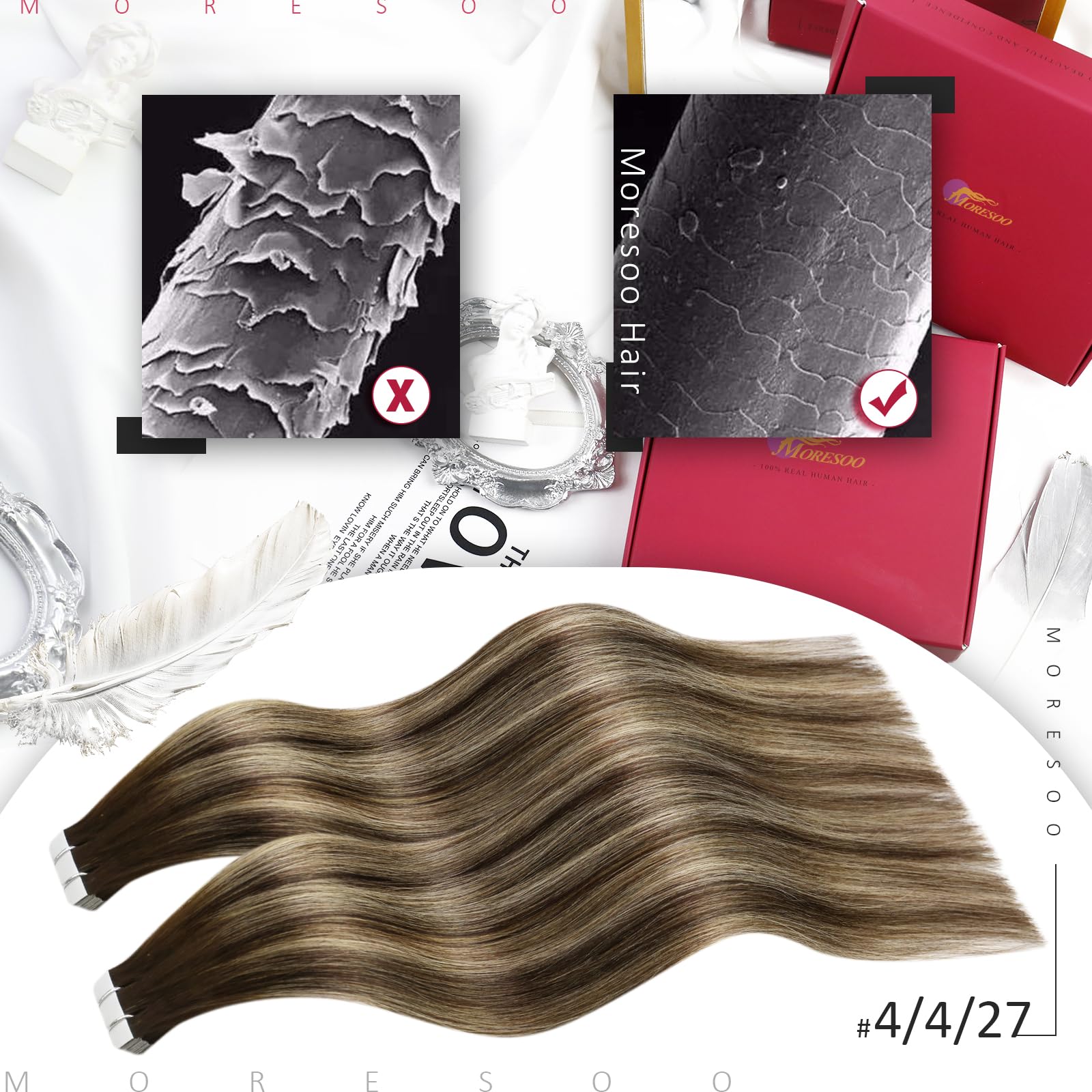 Moresoo Tape In Extensions Ombre 20 Inch Tape In Remy Human Hair Extensions 20Pcs Tape In Hair Extensions Brown To Blonde 4274 B