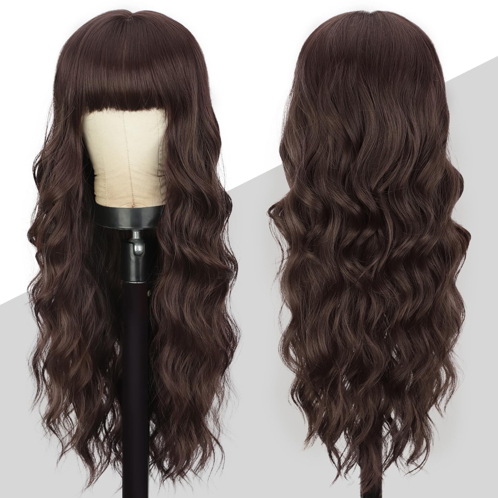 Lativ Long Wavy Reddish Brown Wig with Bangs, 26 Inch Synthetic Heat Resistant Fiber for Daily Party Use