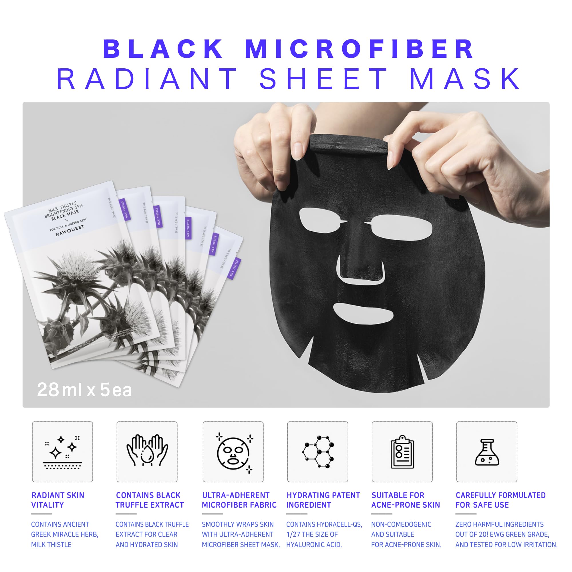 Rawquest- Milk Thistle Brightening Spa Black Mask (5Ea) I Korean Sheet Masks For Face, Hydrating, Moisturizing, Soothing, Firmin