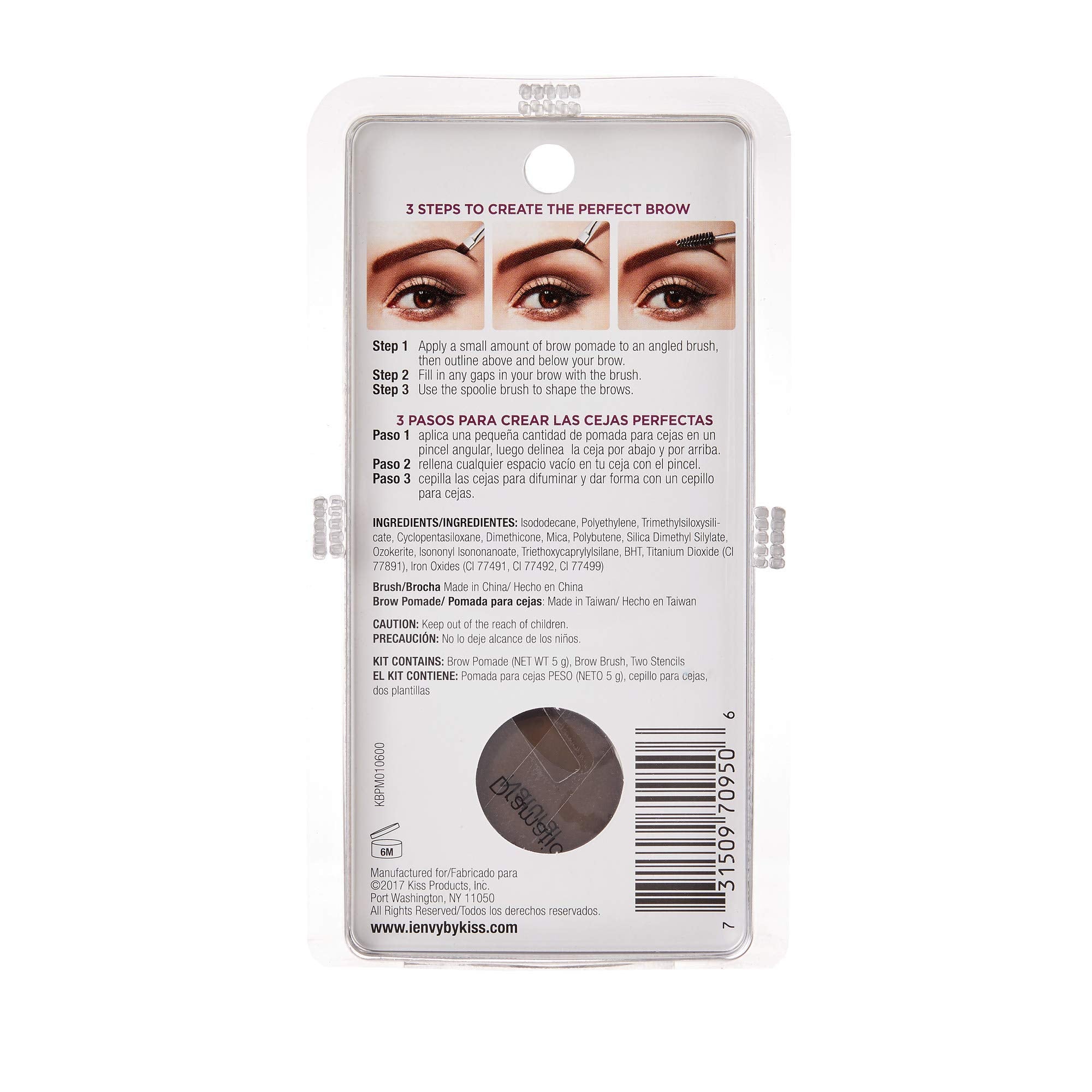 Ienvy By Kiss All-In-One Brow Pomade Dark Brown Kbpm01 Waterproof Long Lasting Mirror Cap Stencils Included