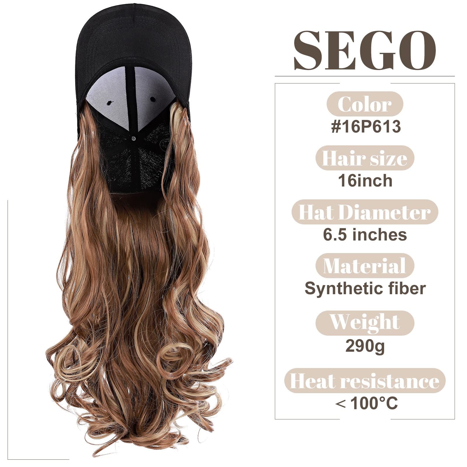Sego Baseball Cap With Hair Extensions For Women Heat Resistant Synthetic 16'' Adjustable Long Wavy Hairpiece Replacement Wigs I