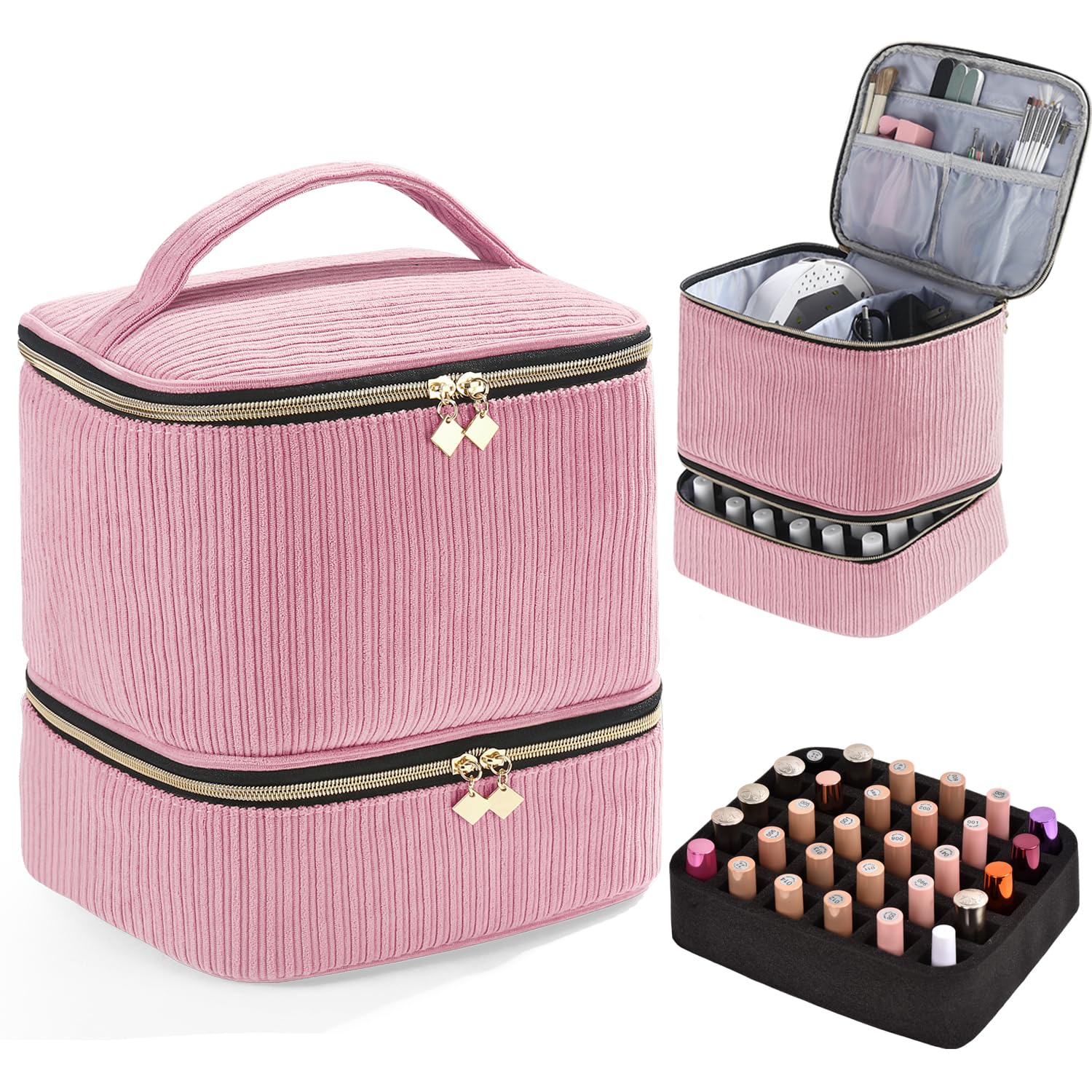 CTWWFS Corduroy Nail Polish Organizer and Nail Lamp Case, Nail Kit Organizer Holds 30 Bottles (15ml - 0.5 fl.oz) and a Nail Lamp