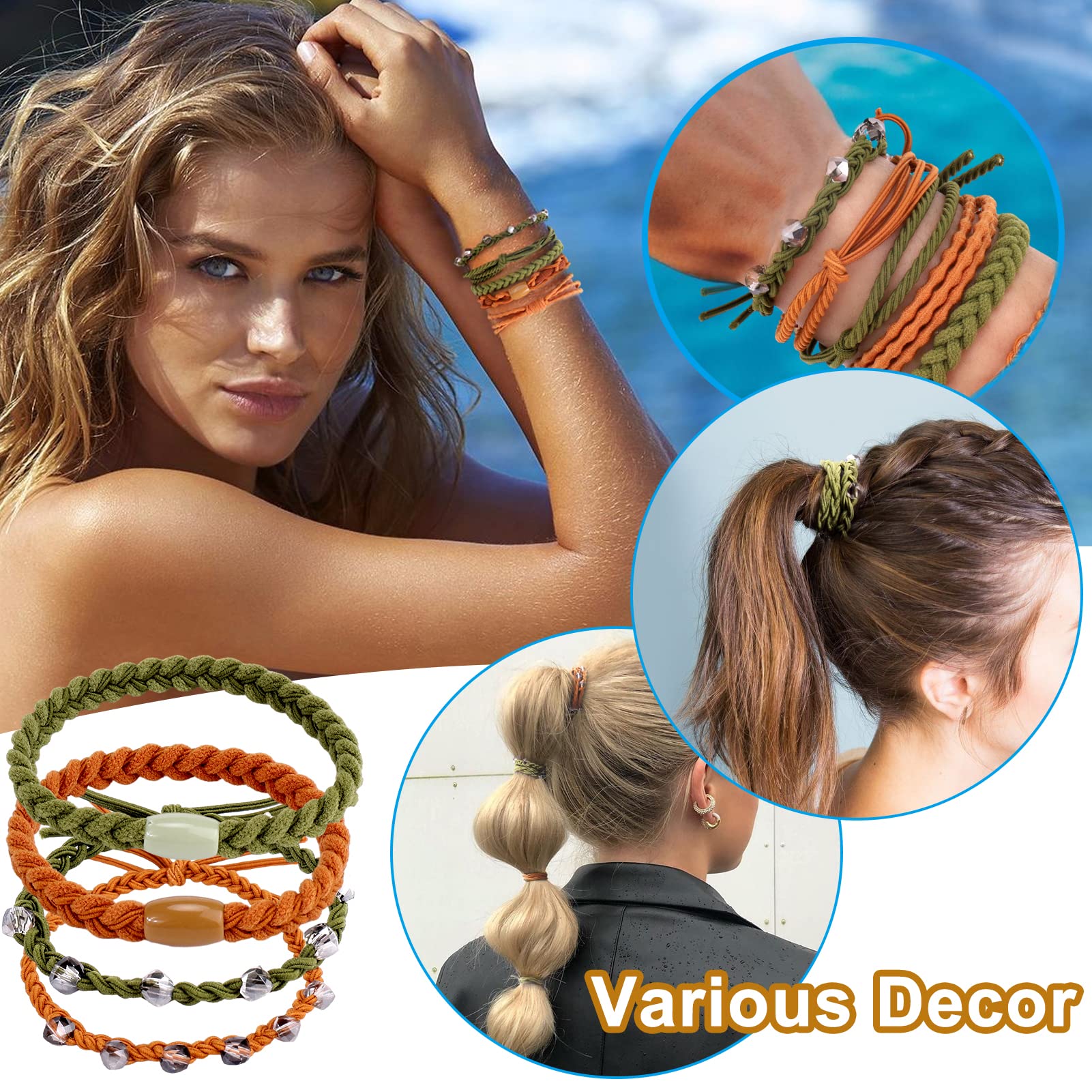 Bsresin 20 Pcs Boho Hair Ties For Women, Crystal Bracelet Hair Ties(Green+Brown), 5 Styles Cute Hair Tie For Thick Hair/Pony Tai
