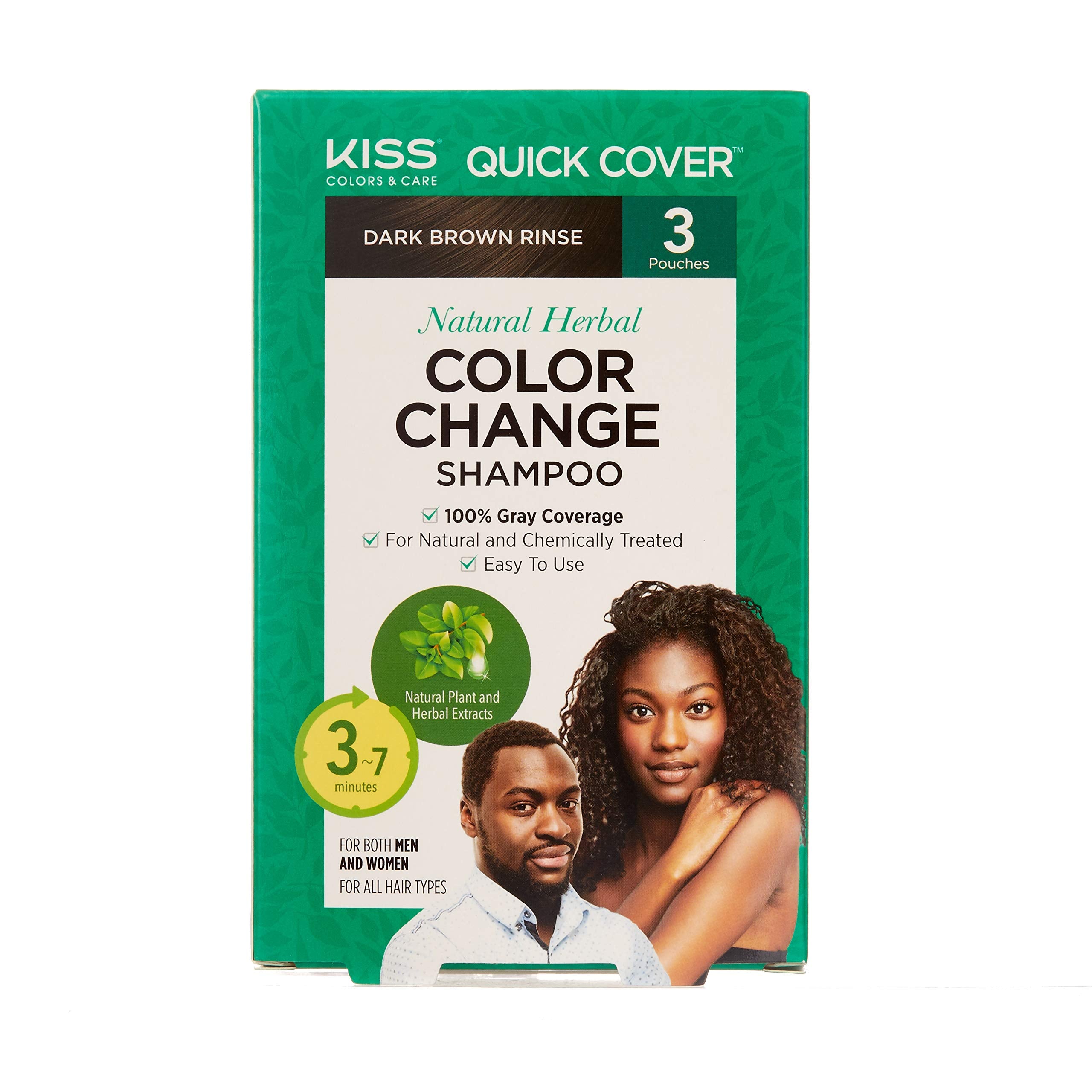 KISS Quick Cover Natural Herbal Color Change Shampoo 3 Pouches (3 PACK, Dark Brown)