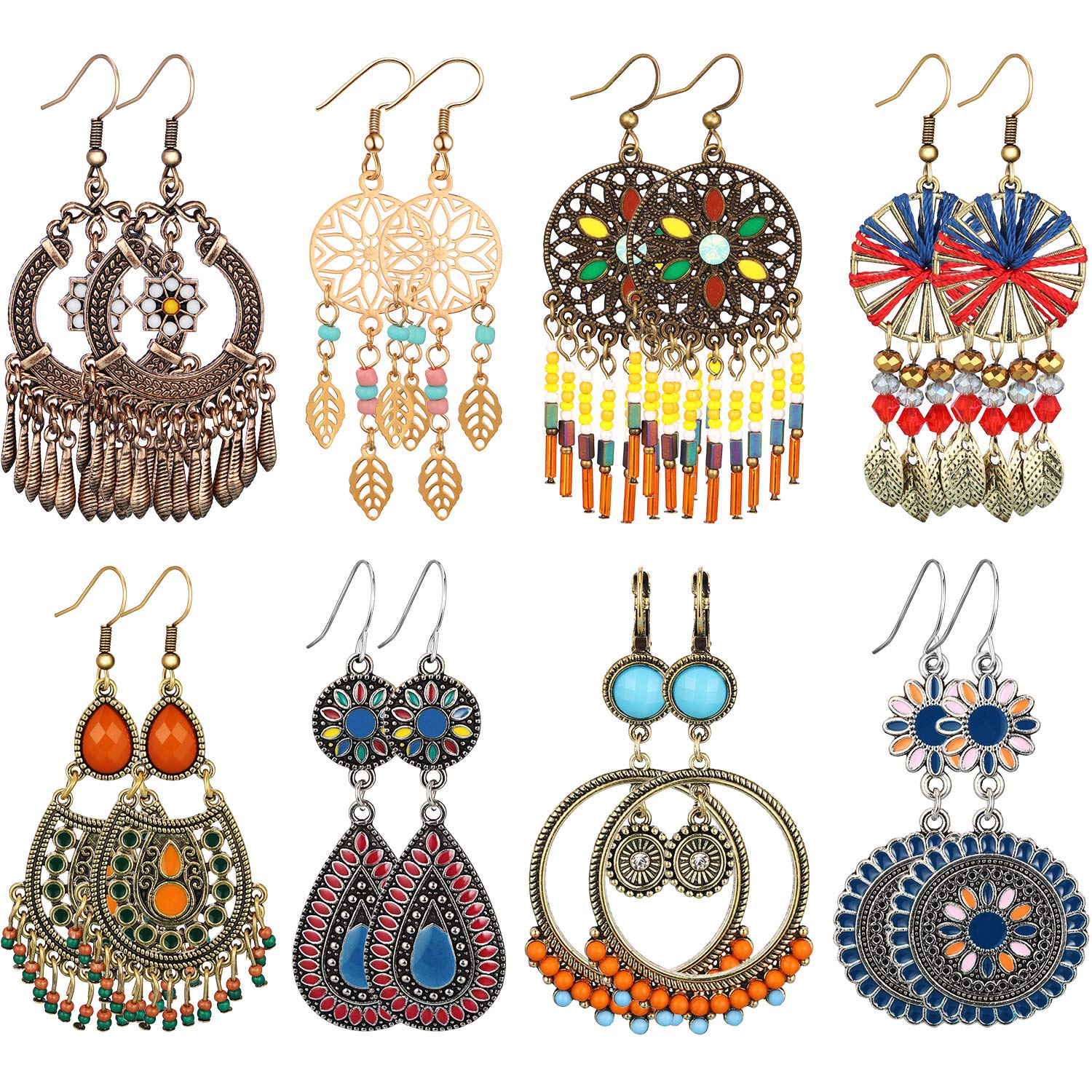 8 Pairs Bohemian Earrings for Women Christmas Dangle Earrings Retro Metal Hollow Boho Hoop Earrings(Vibrant Style)