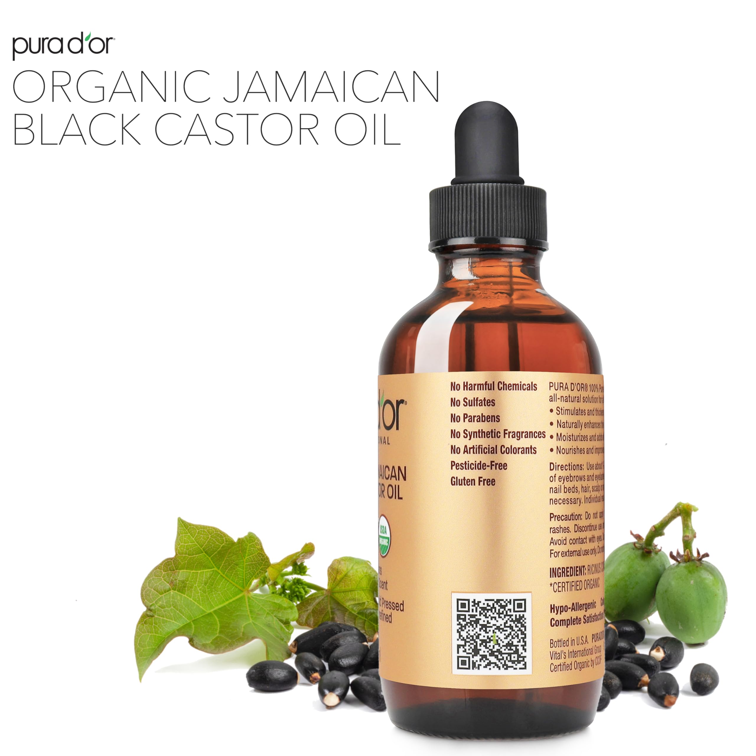 PURA D'OR 4 Oz ORGANIC Jamaican Black Castor Oil - Natural Smoky Scent - 100% Pure USDA Certified Cold Pressed, Hexane Free Eyel