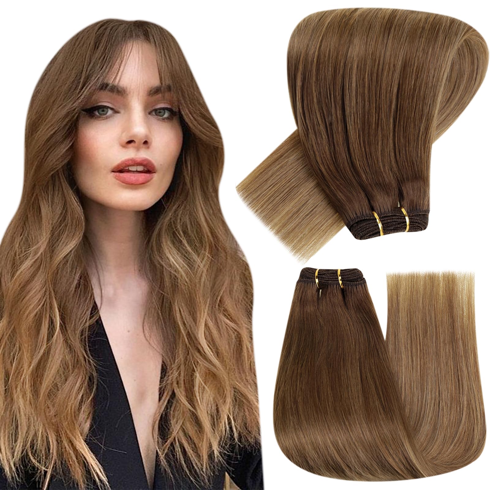 Hetto Sew in Hair Extensions Real Human Hair Weft Human Extensions Balayage Brown to Light Brown with Dark Blonde Weft Hair Exte
