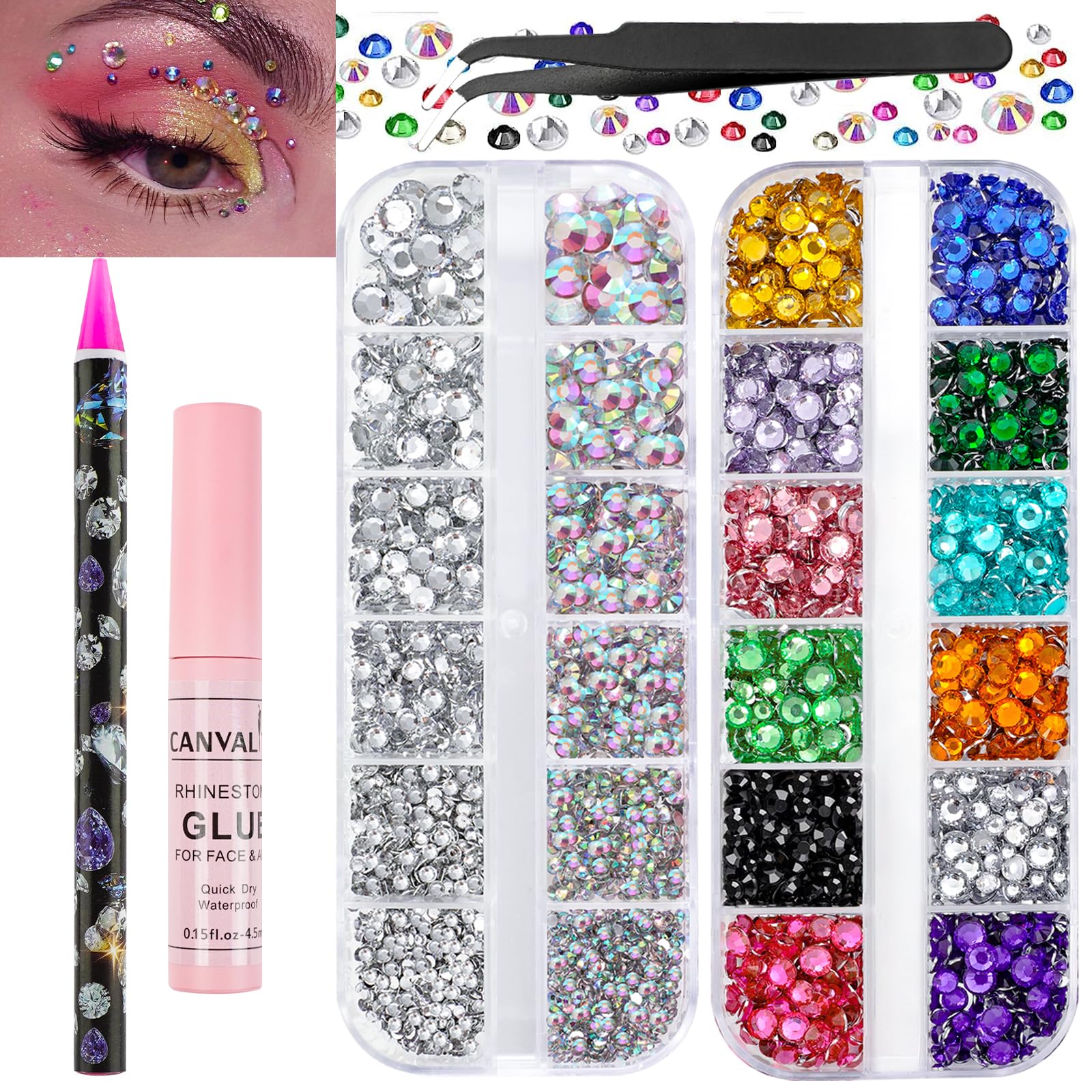 Canvalite Rhinestones for Face Colorful Face Gems Face Jewels AB & Clear Eye Hair Nail Gems Rhinestones with Quick Dry Makeup Gl