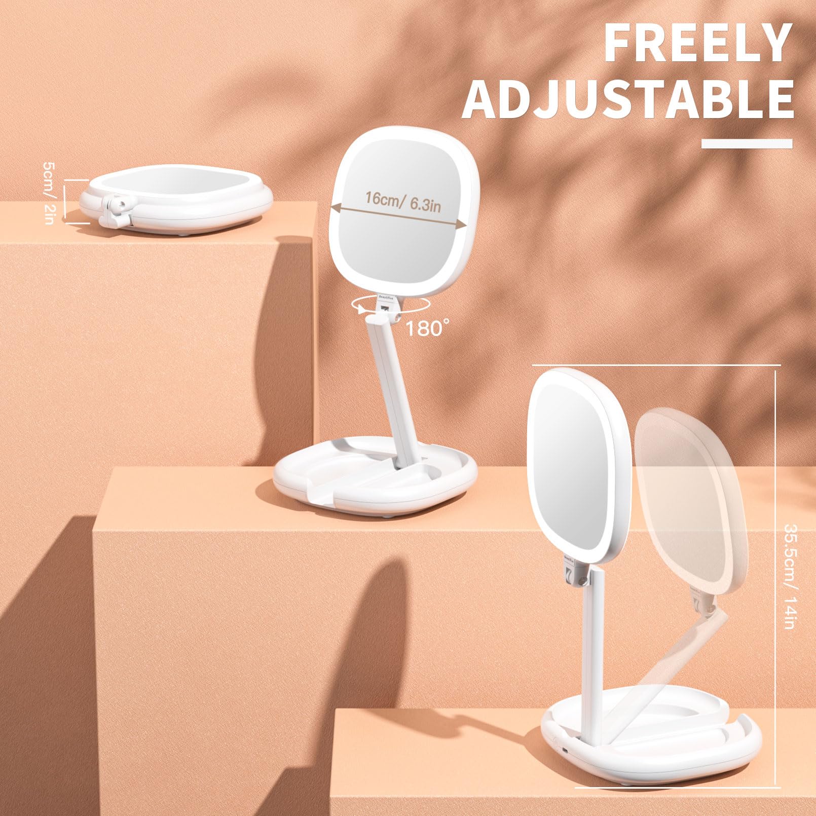 Lighted Makeup Mirror, Beautifive Vanity Mirror With Lights, Double Sided Magnifying Mirror, Brightness&Angle Adjustable, Foldin
