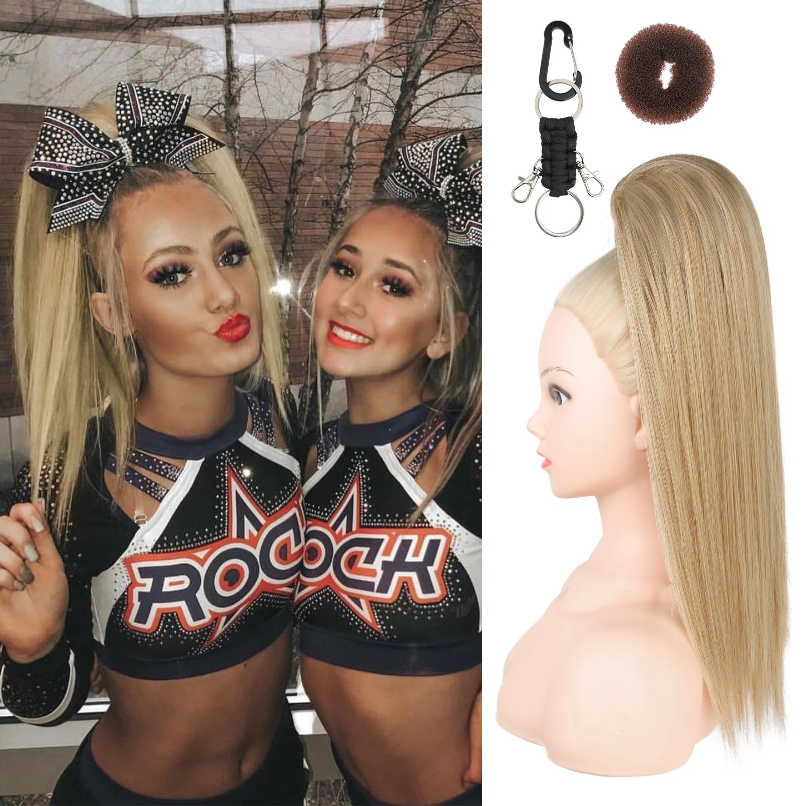SEIKEA Cheer Ponytail Hair Piece, 16'' Straight Cheerleader Hairpiece Ponytail Extension for Cheerleader Competition, Dance, Med