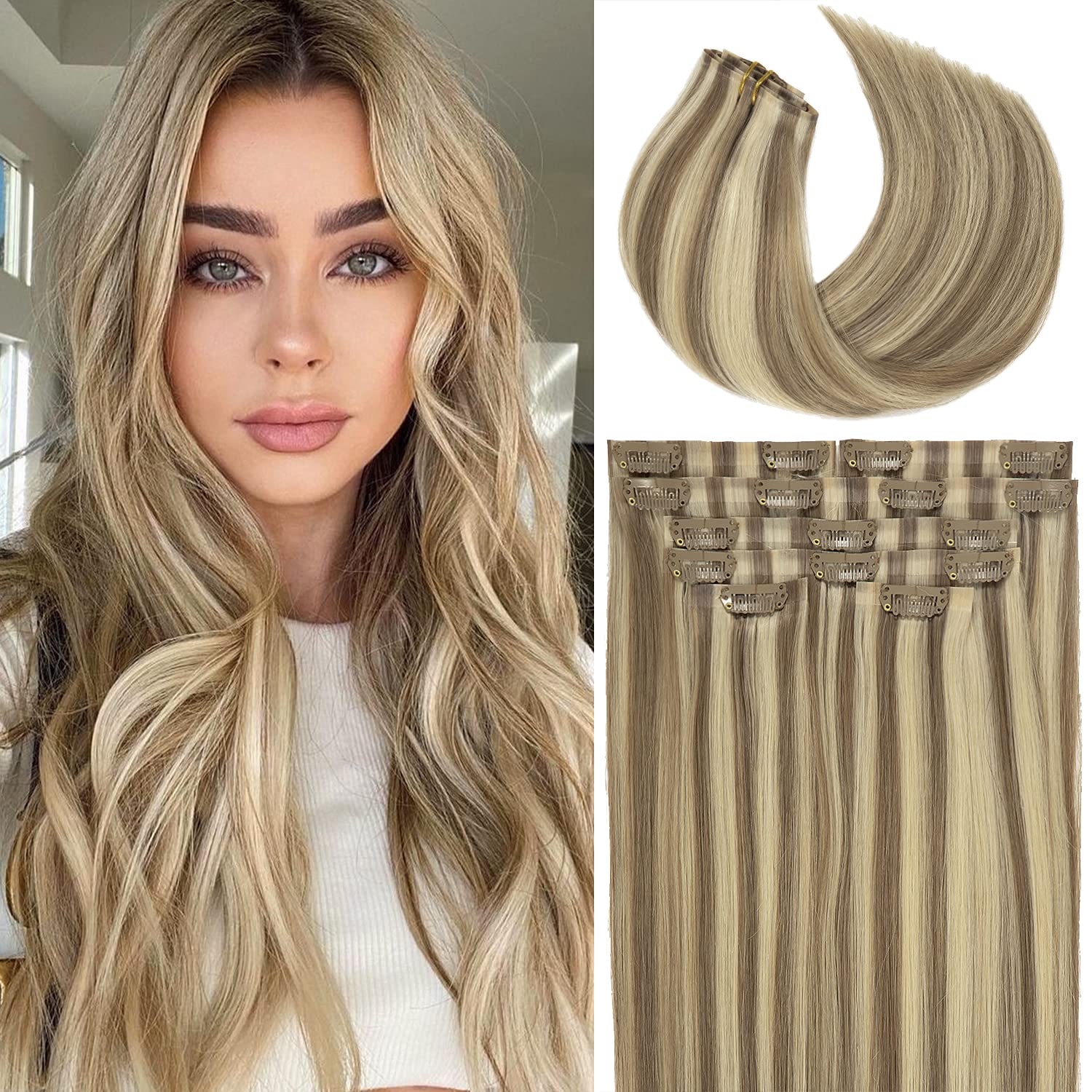 Lacer Hair Highlight Real Hair Extensions Clip in Human Hair New Version Seamless PU Weft Natural Light Brown Mixed Platinum Blo