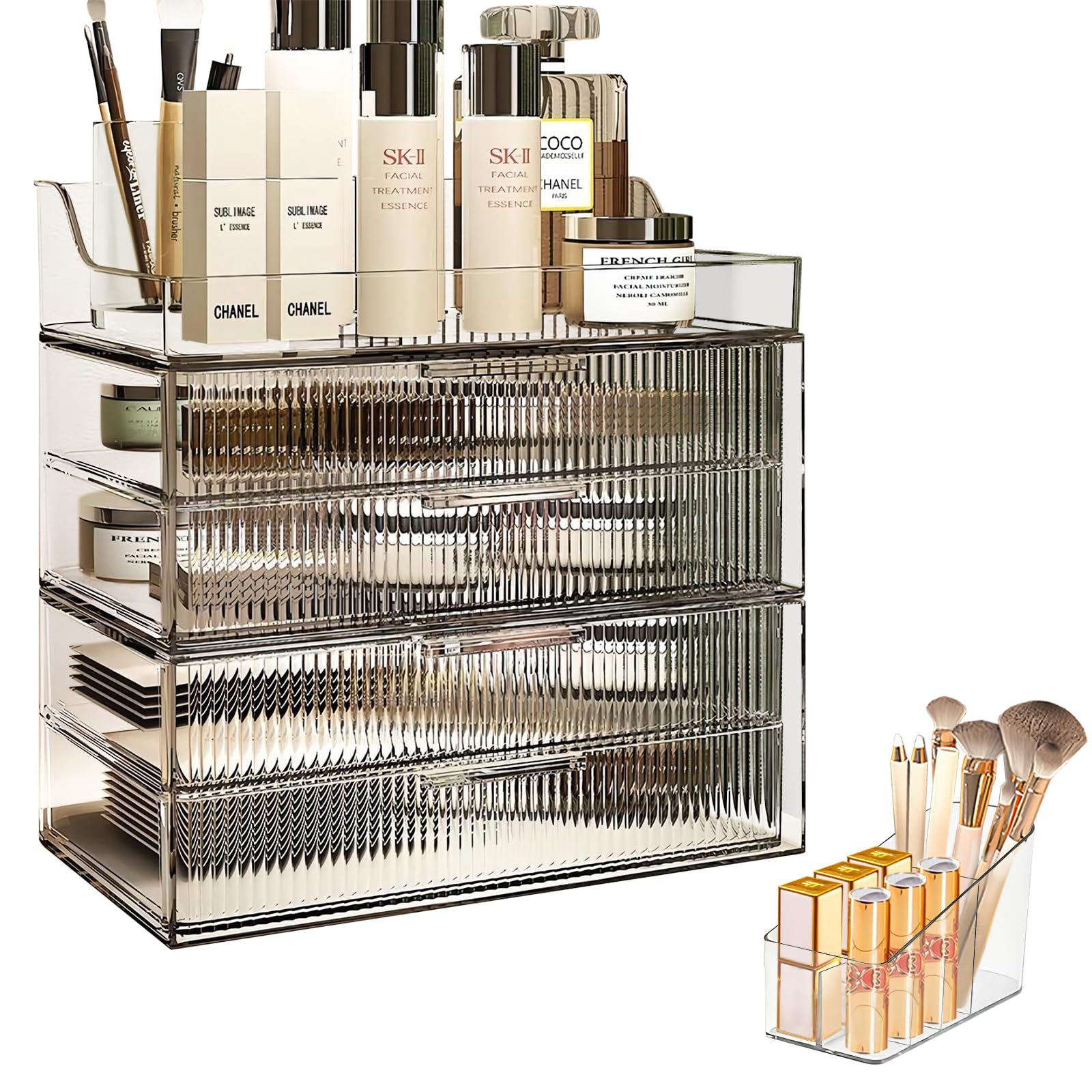 DASITON Clear Dustproof Four layers Storage Box,Makeup Brush Holder,Large Capacity Desktop Storage Box with Drawer,for Beauty Pr