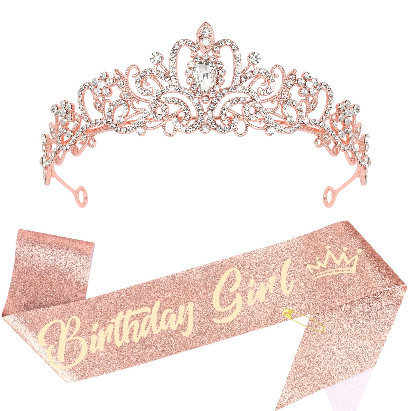 CIEHER Birthday Girl Crown and Sash - Rose Gold Tiara Birthday Decorations for Women and Girls