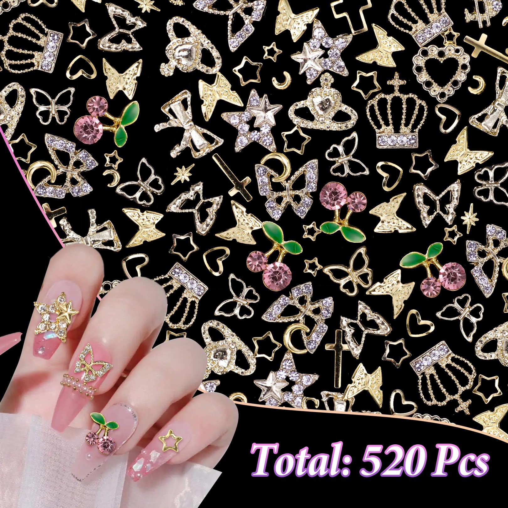 520 Pcs Gold Nail Charms, 20 Pcs Cherry Star Bow Crown Butterfly Gold Alloy Nail Charms, Mixed Cross Moon Star Rivet Gold Nail A