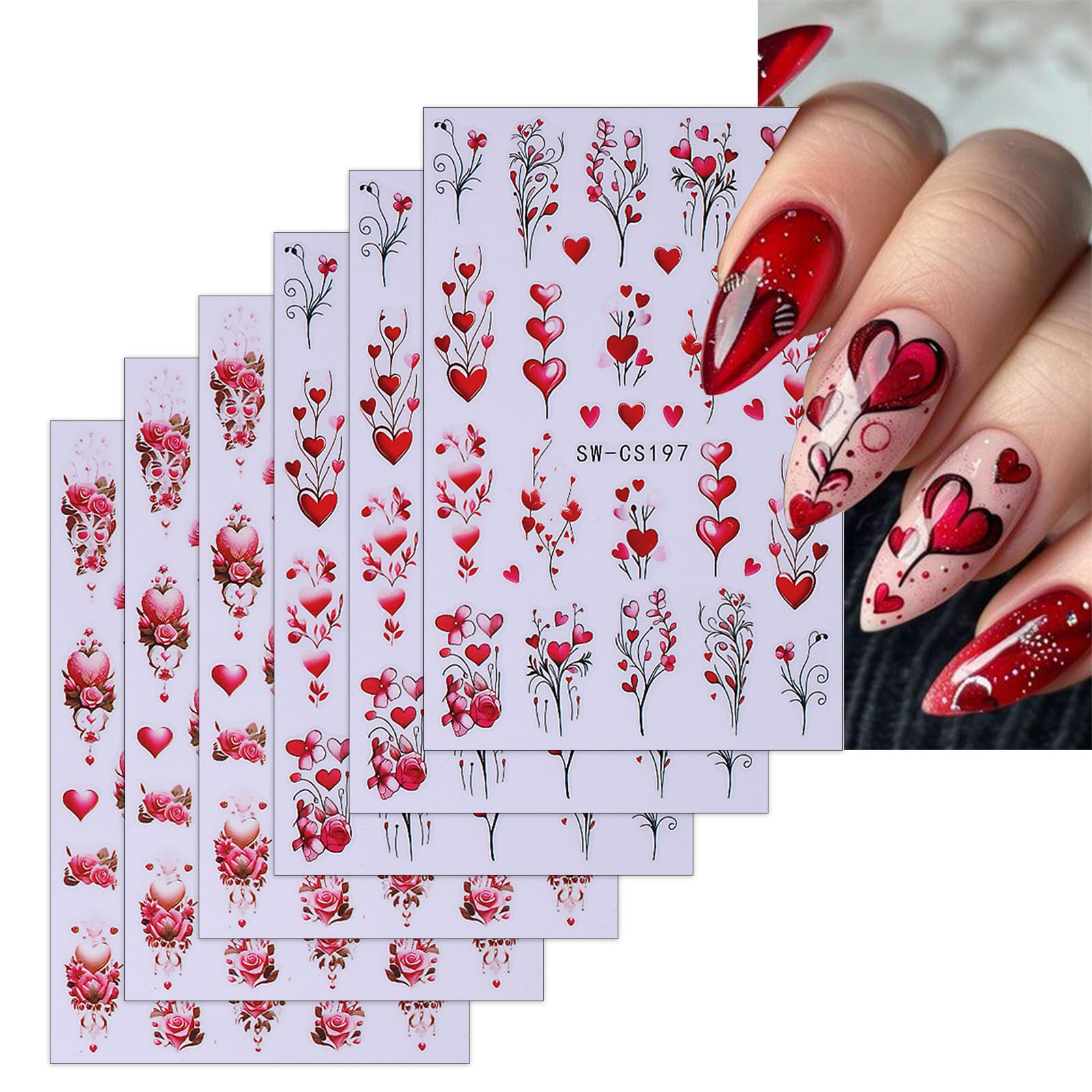 Valentine's Day Nail Art Stickers Decals Red Love Tree Rose Valentine's Day Nail Stickers 6PCS Red Heart Romantic Valentine's Da
