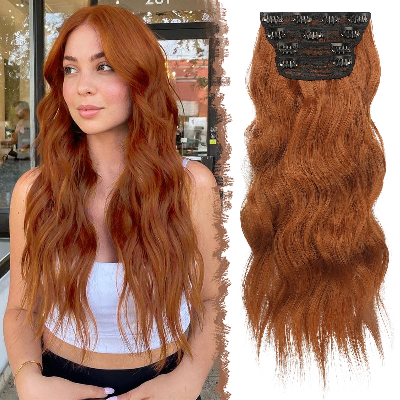 FESHFEN Clip in Hair Extensions - 4 PCS Long Wavy Copper Red Thick Clip in Hairpieces Full Head Synthetic Hair Extension for Wom